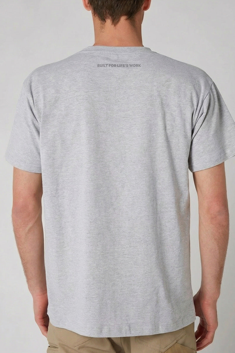 Person wearing a gray t-shirt with text on the back against a plain background — view 3 (3)