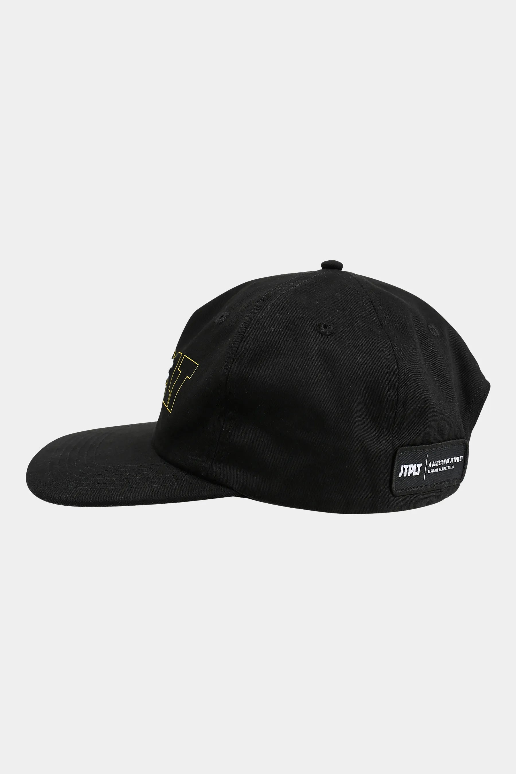 Black cap with a small logo on a white background