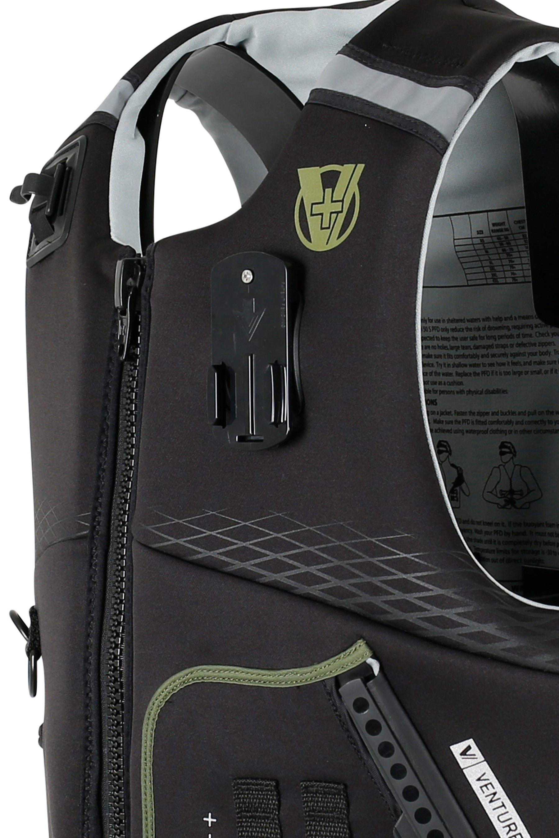 Black life jacket with a visible brand logo, and gopro clip on a white background