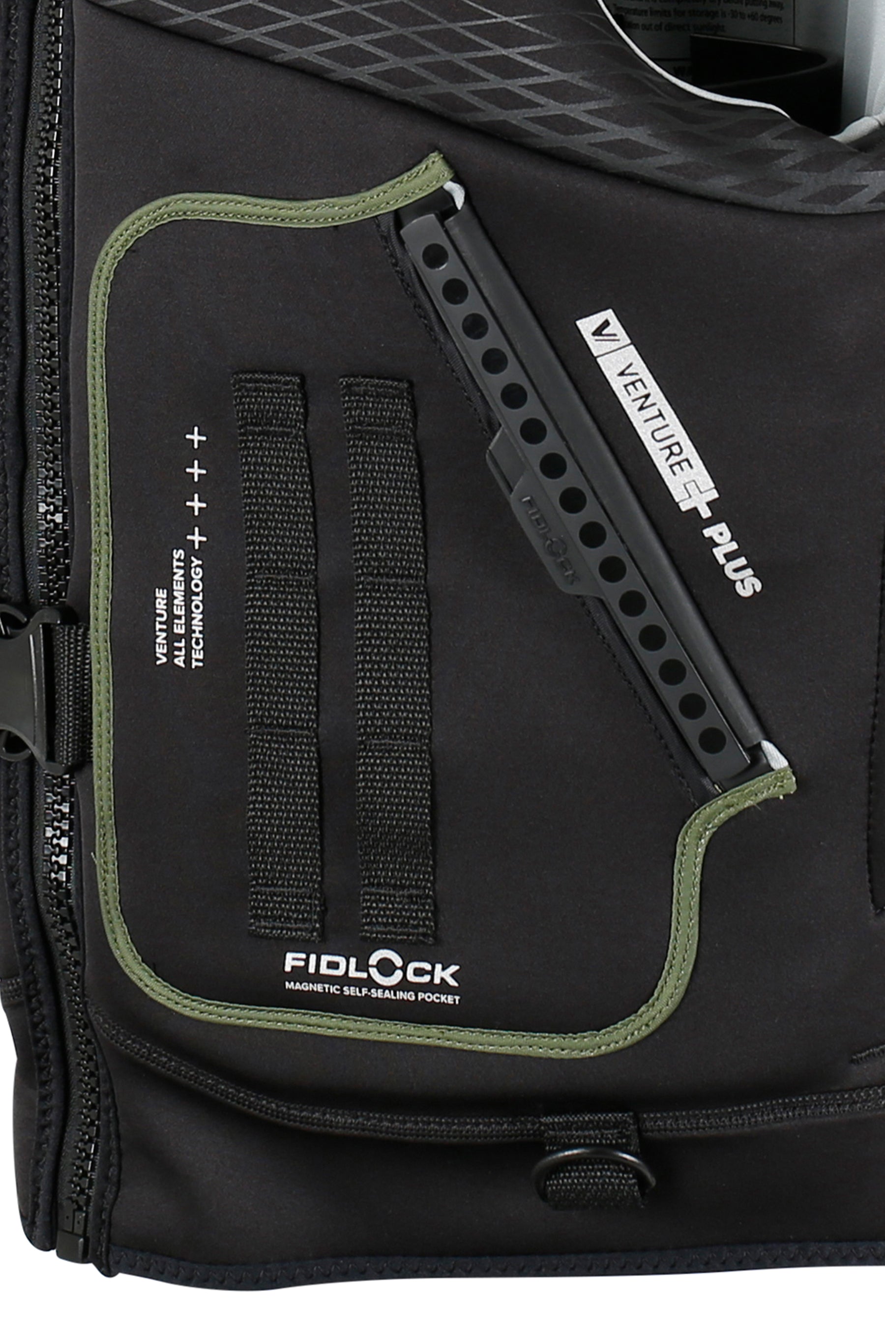 Black life jacket with green accents and fidlock waterproof pocket visible branding on a white background