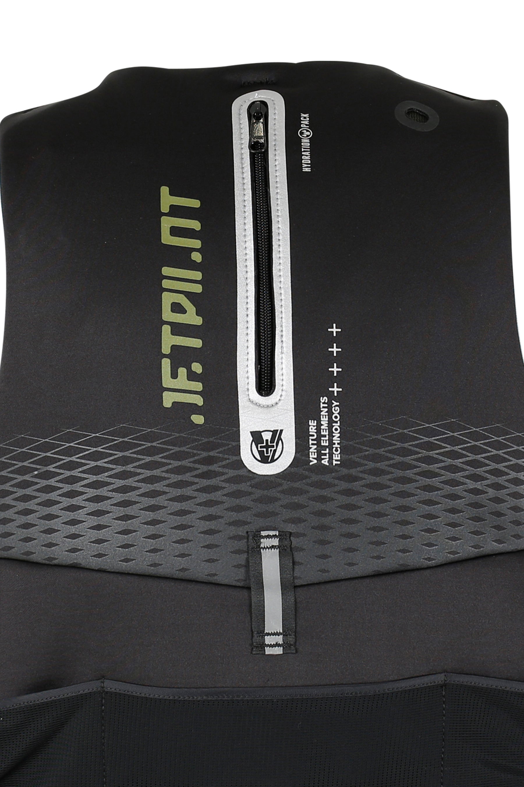 Black life jacket with a zipper and branding details on the back
