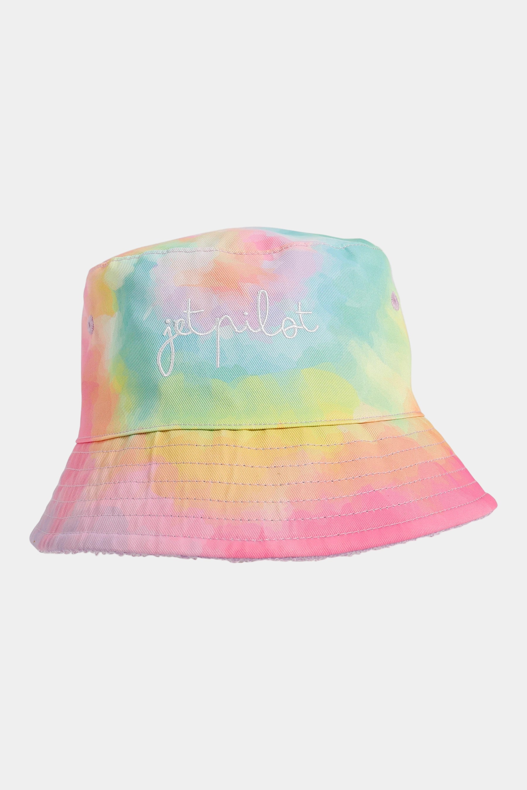 Tie-dye bucket hat with 'Jetpilot' text on a white background