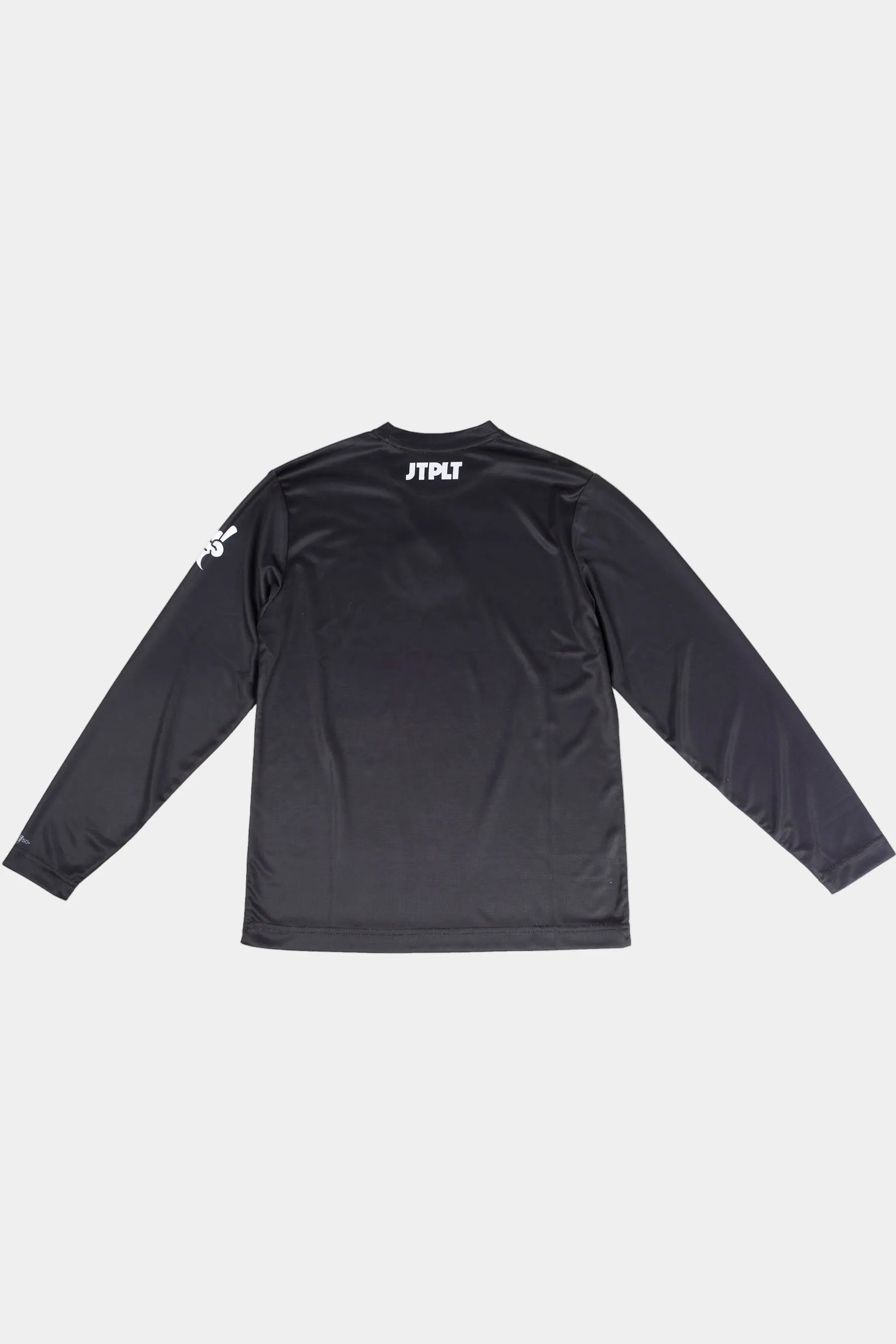 Black long-sleeve shirt with a JTPLT logo on the back neck against a white background