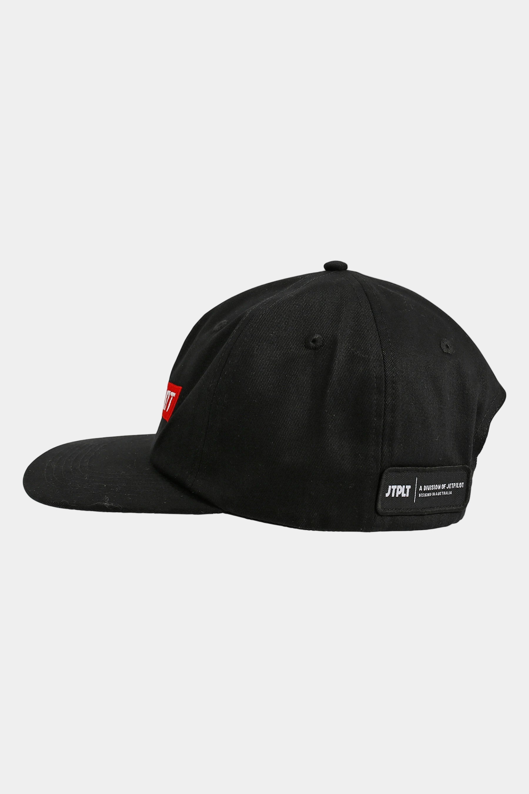 Black cap with a brand logo on a white background
