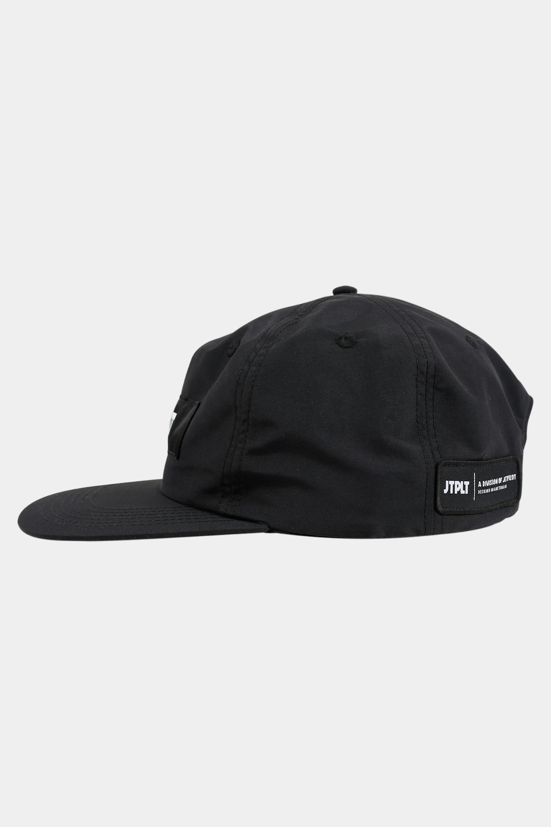 Black cap with a logo on a white background