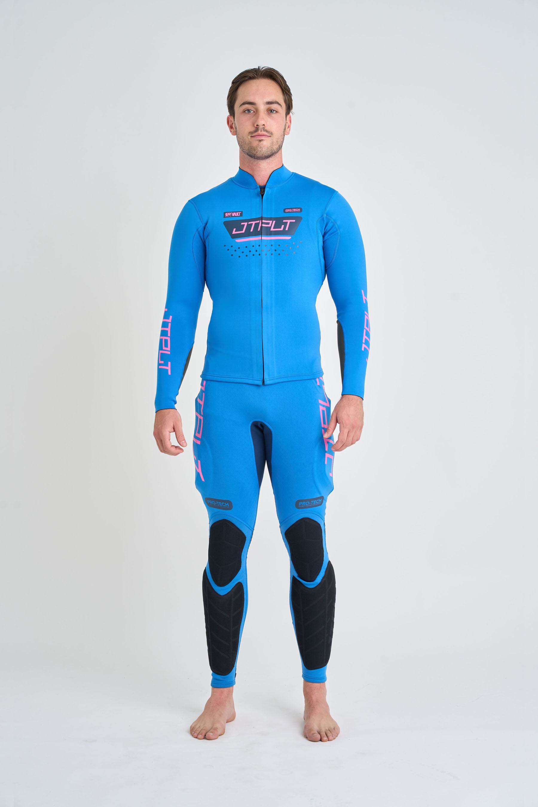 Man wearing a blue and black wetsuit on a white background