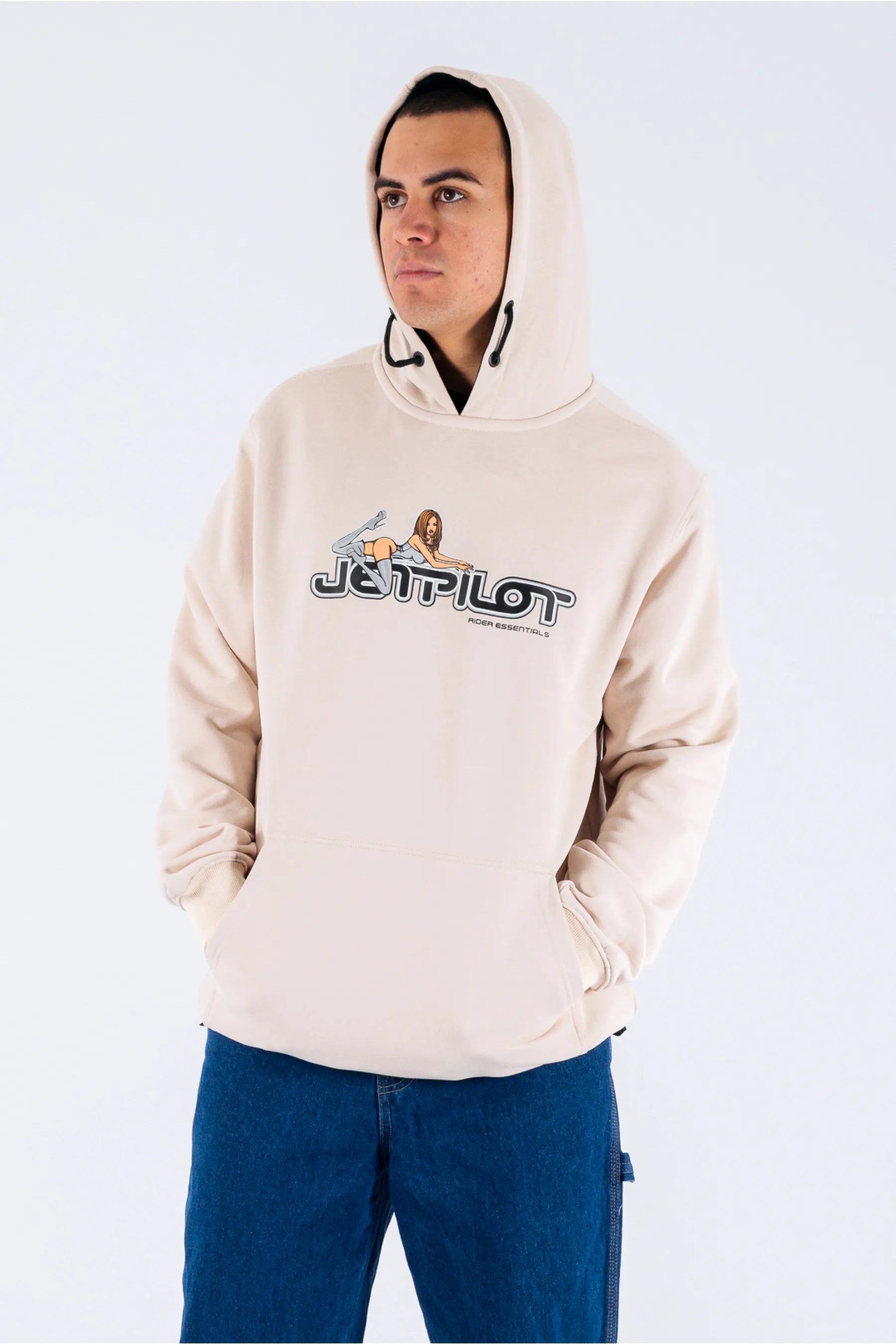 a person wearing a cement tee with a Jetpilot logo — view 3 (3)