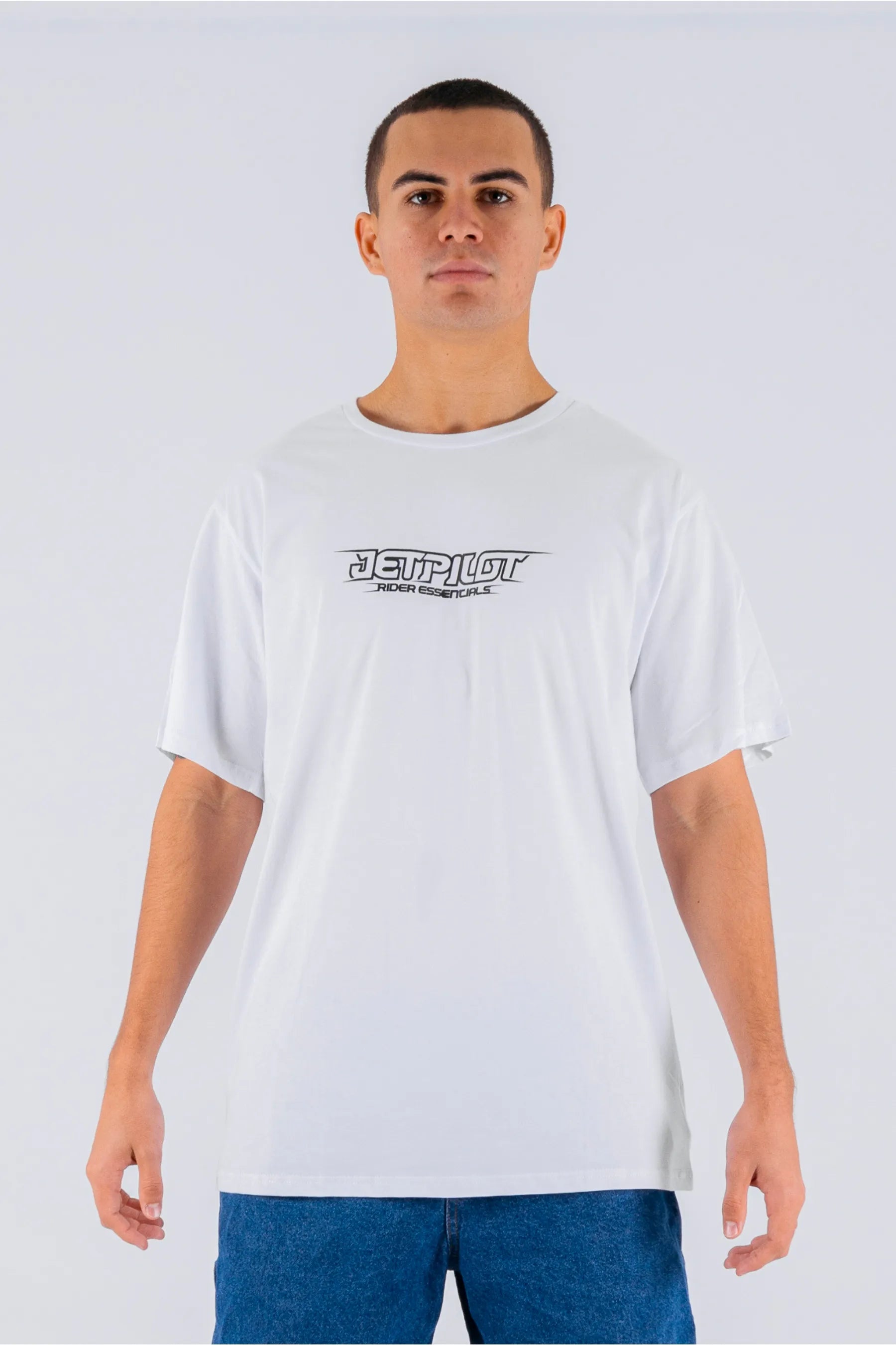 Front view of a person wearing a white tee with a Jetpilot logo on a white background — view 2 (7)