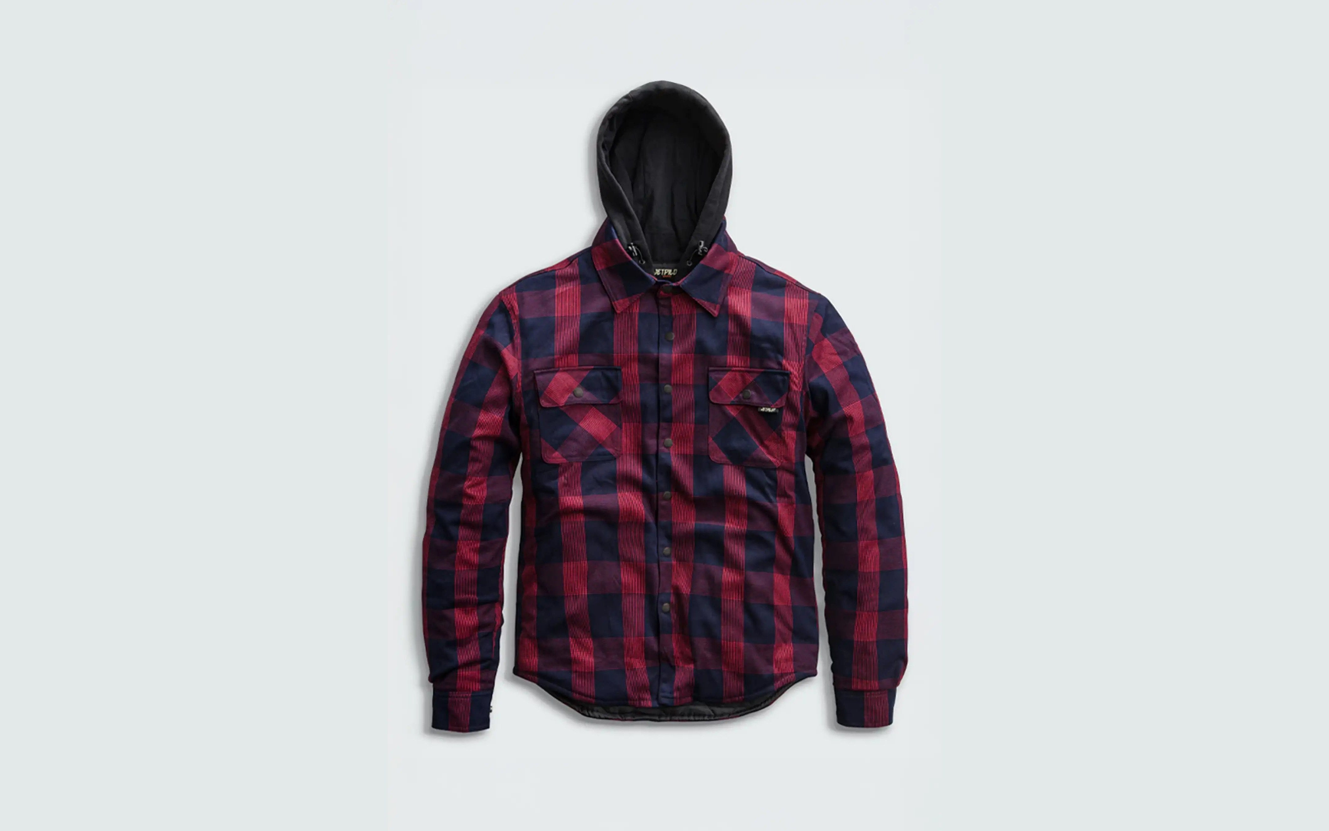 Jetpilot quilted mens flannel jacket red check flat lay — 300GSM flannelette, quilted insulated lining, hood and chest pockets
