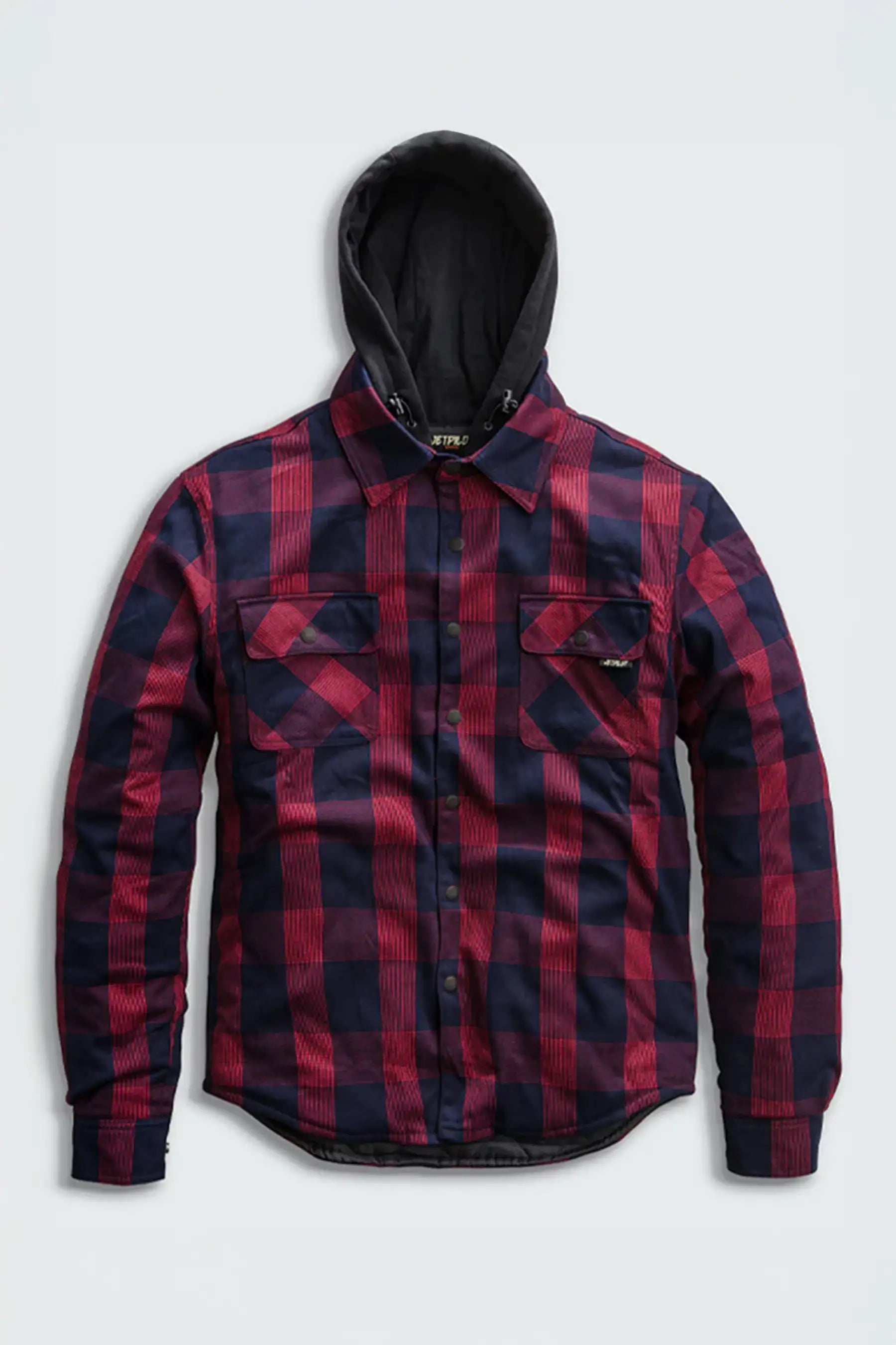 Jetpilot Red Quilted Flannel Jacket with a hood on a light gray background