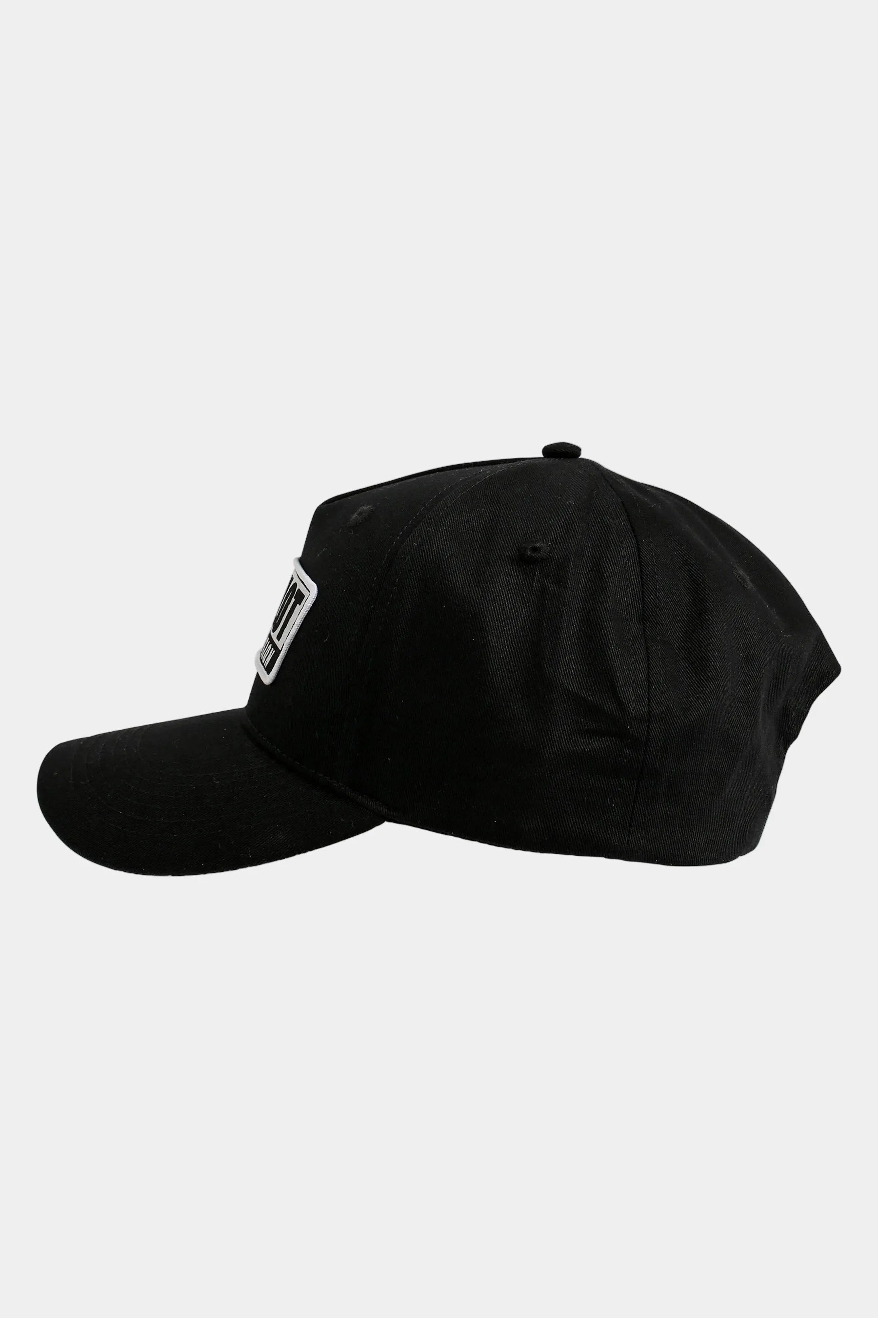 Black cap with a grey logo on a light grey background