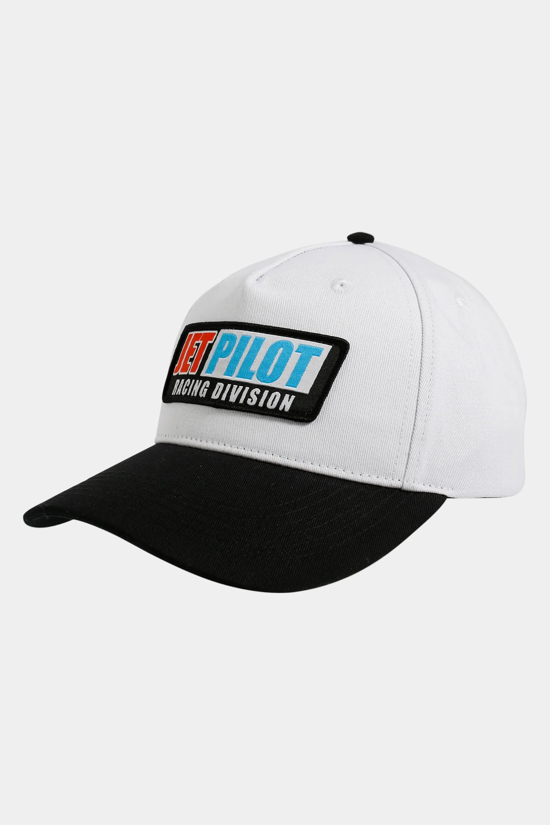 White and black cap with 'Jetpilot Racing Division' logo on a light grey background