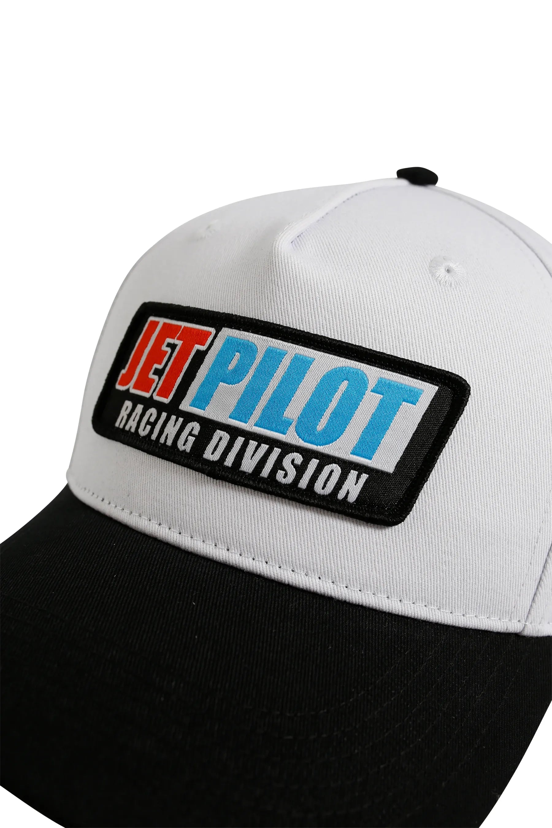 Black and white cap with Jetpilot logo on a white background