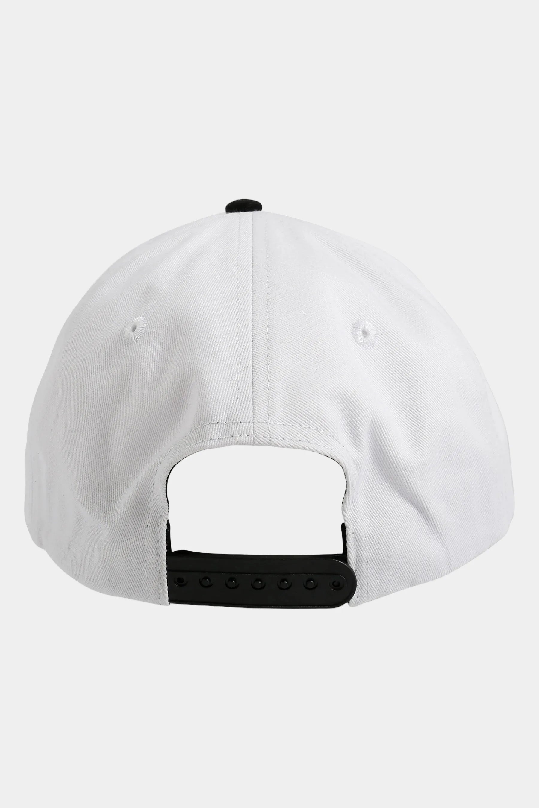 White cap with black snapback clip on a white background