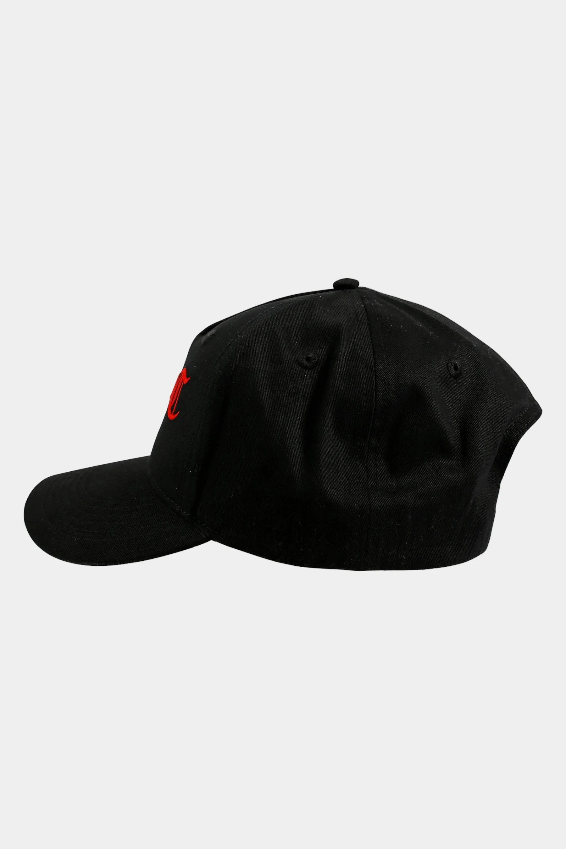 Black cap with a red logo on a white background