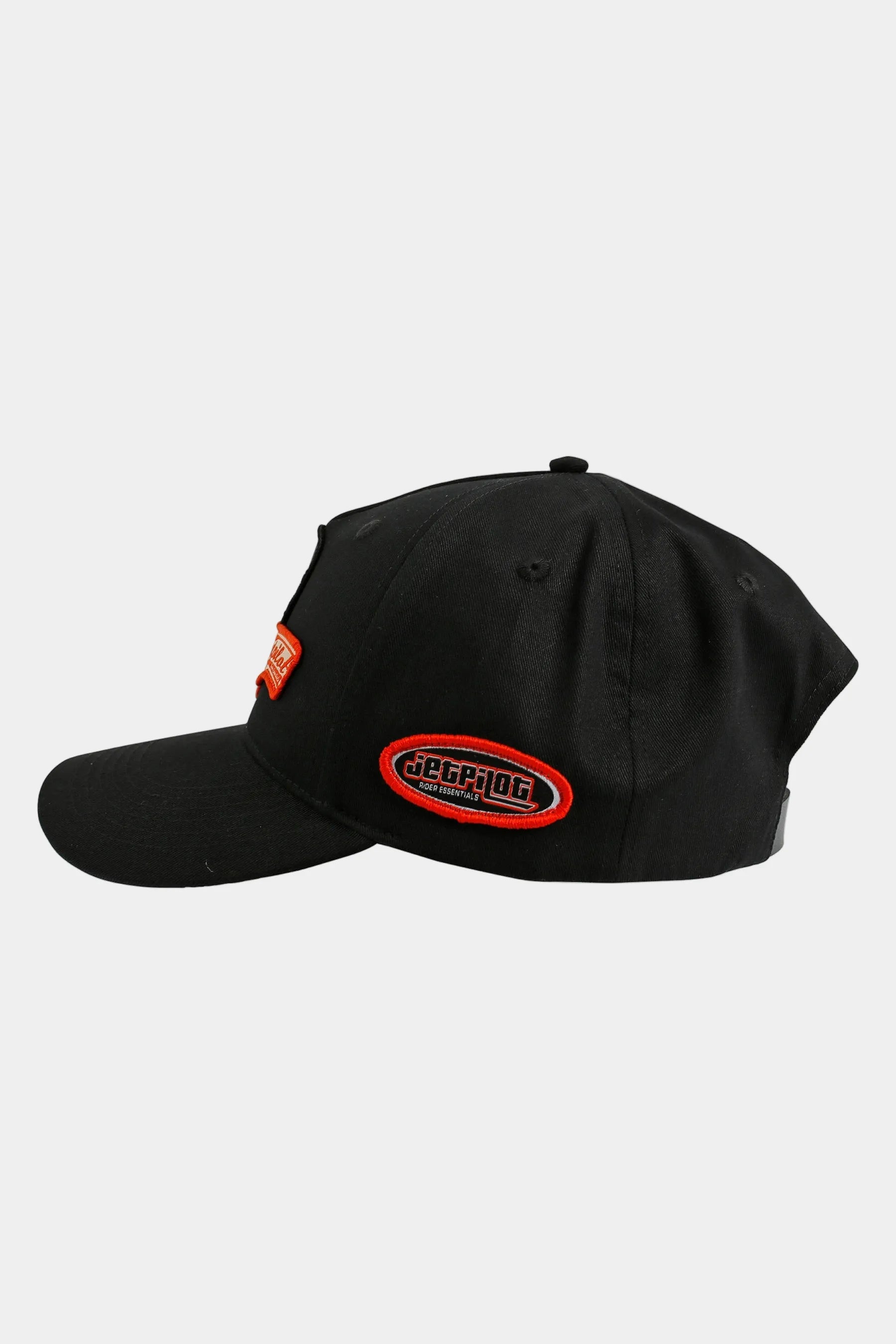 Black snapback cap with a red and orange logo on a white background