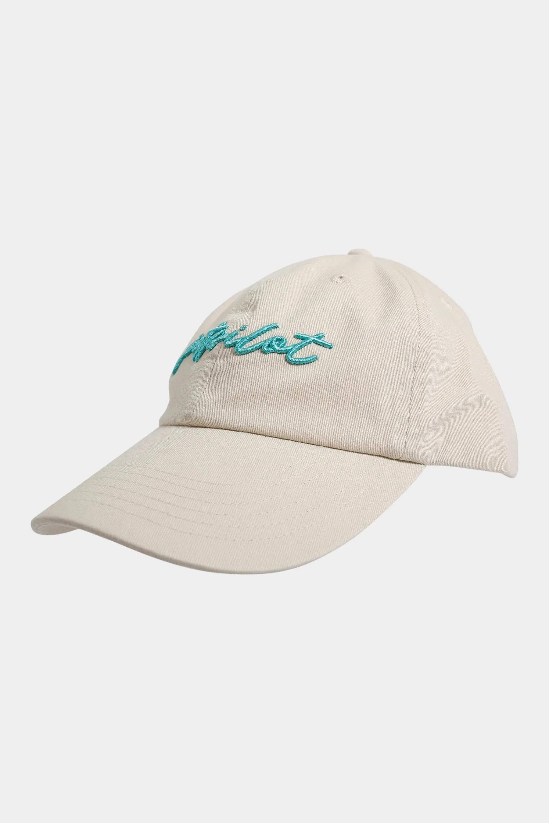 Off-White baseball cap with 'Jetpilot' embroidered in teal on a white background