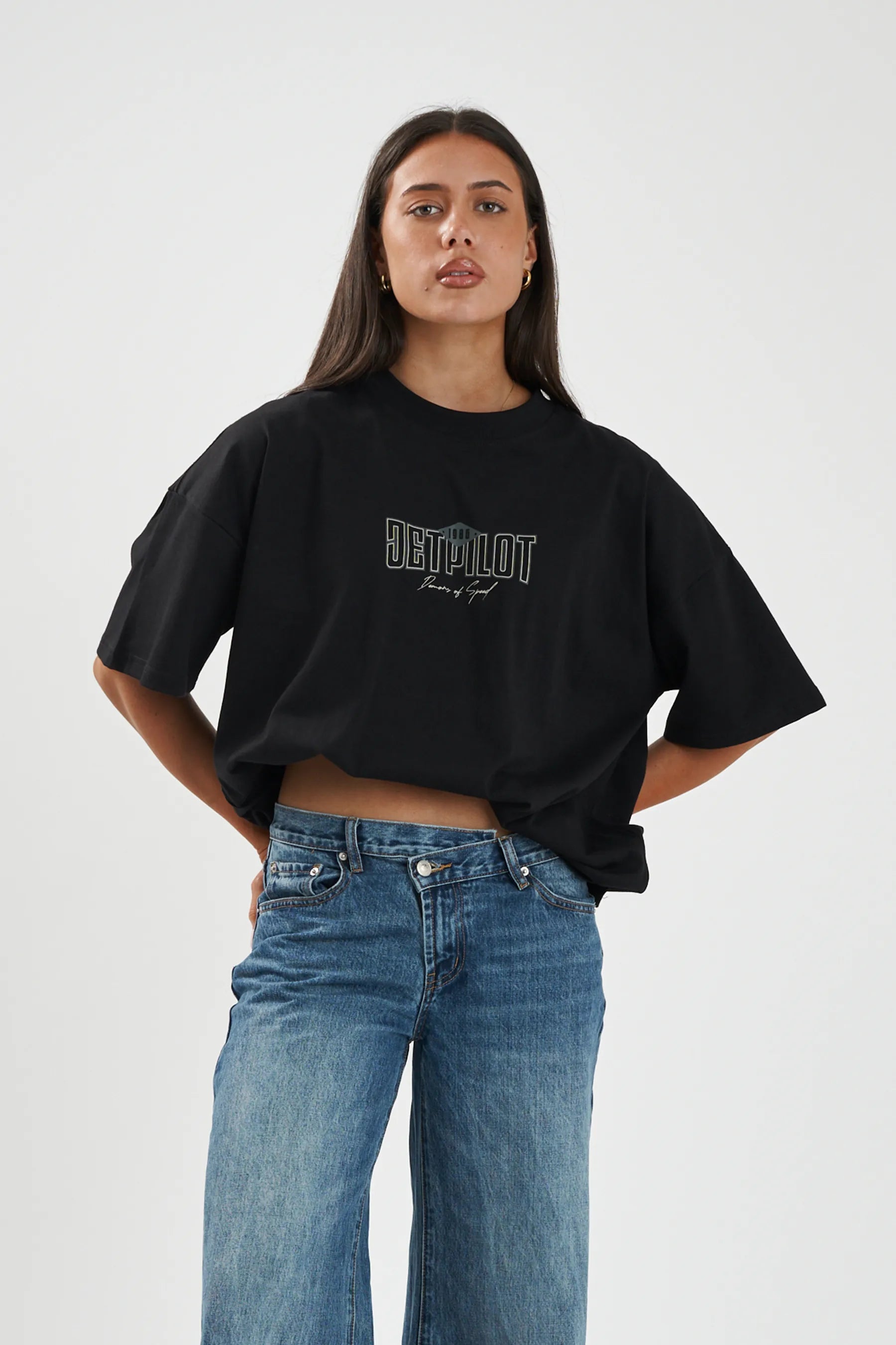 Jetpilot Demons Of Speed mens oversized graphic tee in Black/Grey — front view on a female model