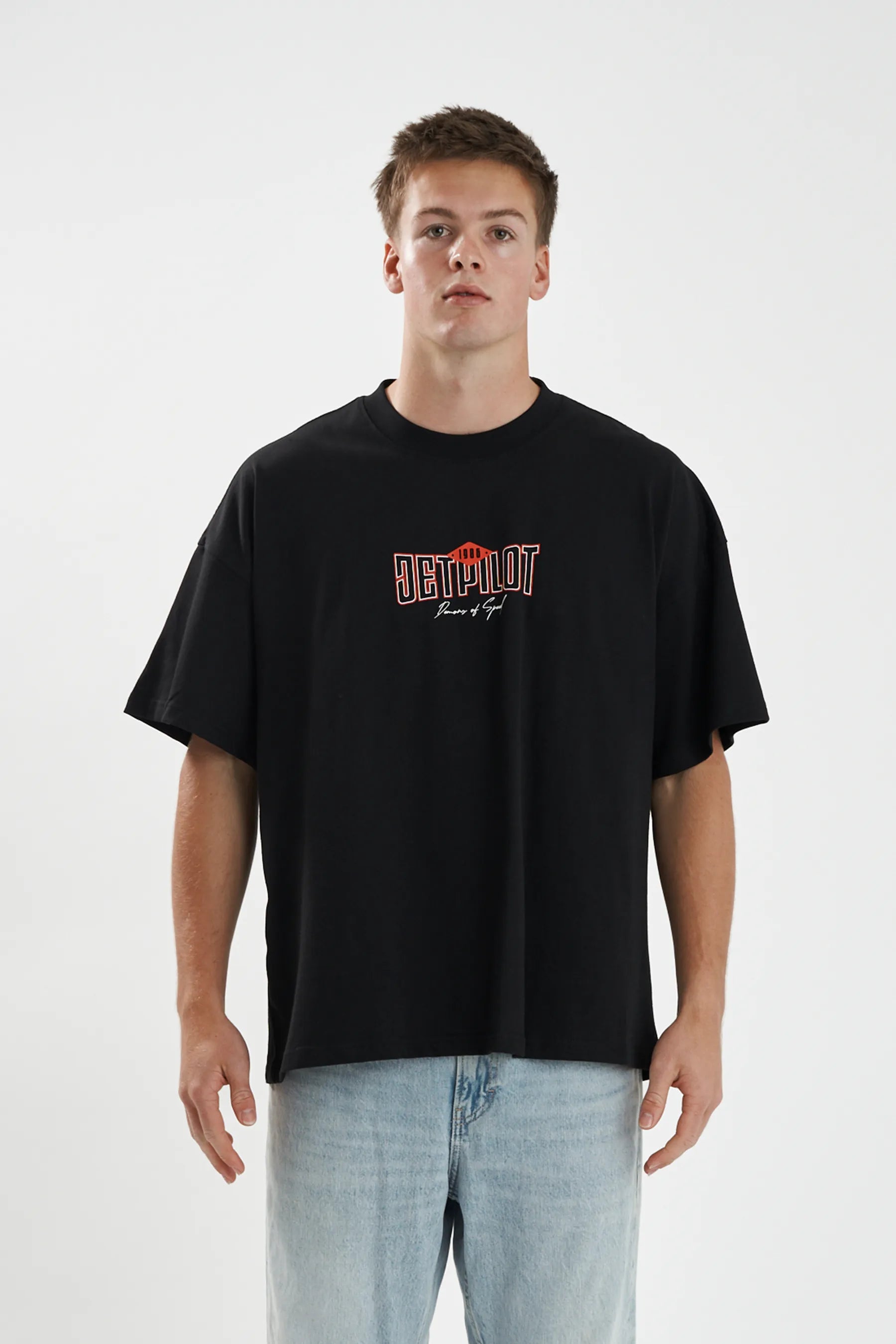 Jetpilot Demons Of Speed mens oversized graphic tee in Black/Red — front view on a male model