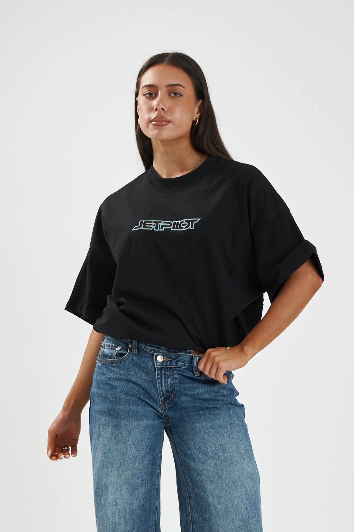 Jetpilot Stocked Up Spinal mens oversized graphic tee in Black — front view on a female model