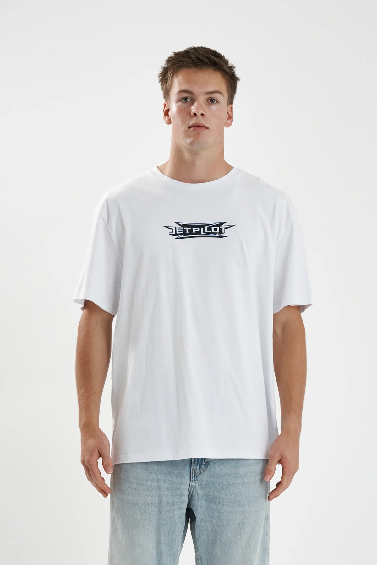 Jetpilot Velocity mens oversized graphic tee in White — front view on a male model