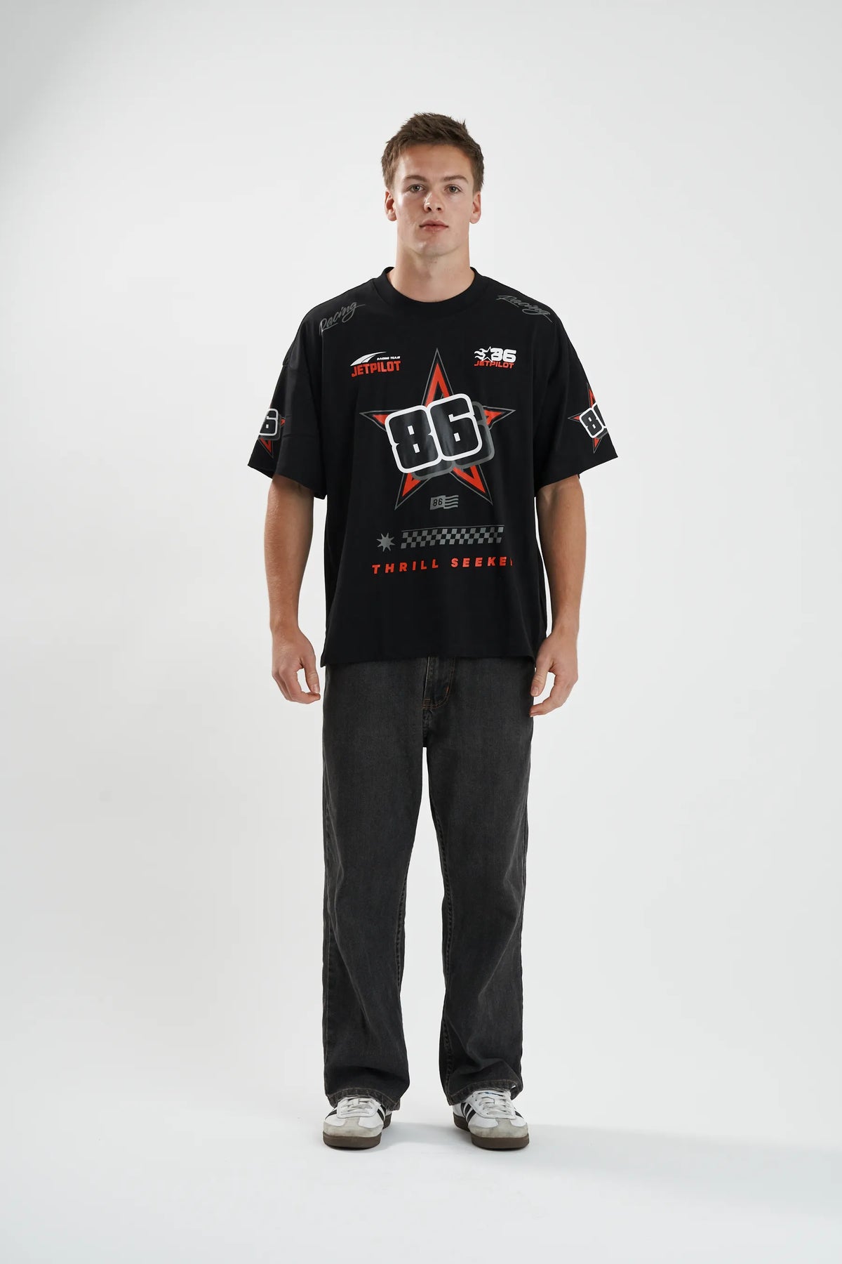 Jetpilot Race Fan mens oversized graphic tee in Black/Red — view 2 of 6