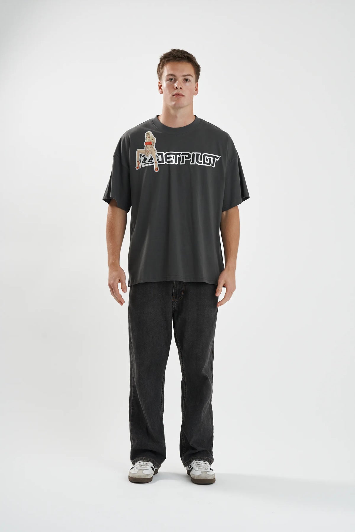 Jetpilot Double D mens oversized graphic tee in Grey — view 2 of 6