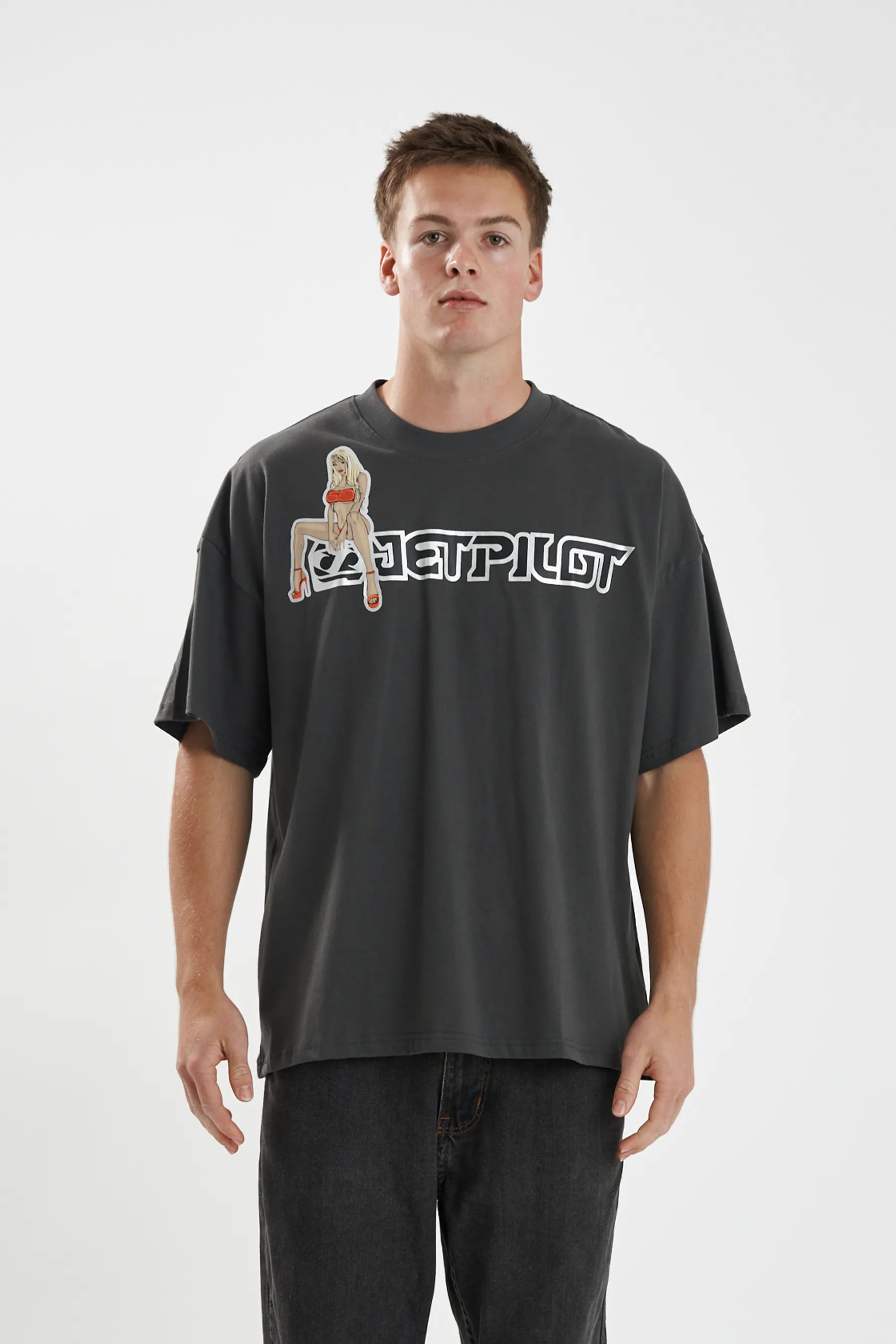 Jetpilot Double D mens oversized graphic tee in Grey — front view on a male model