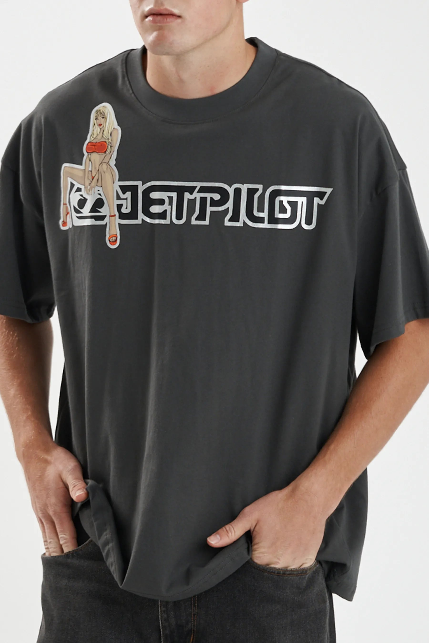 Jetpilot Double D mens oversized graphic tee in Grey — view 6 of 6