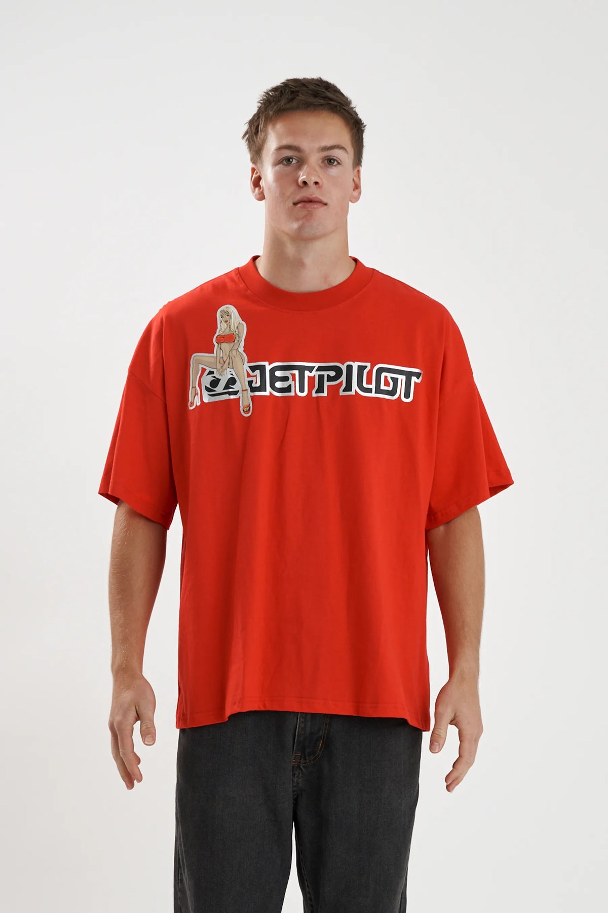 Jetpilot Double D mens oversized graphic tee in Red — front view on a male model