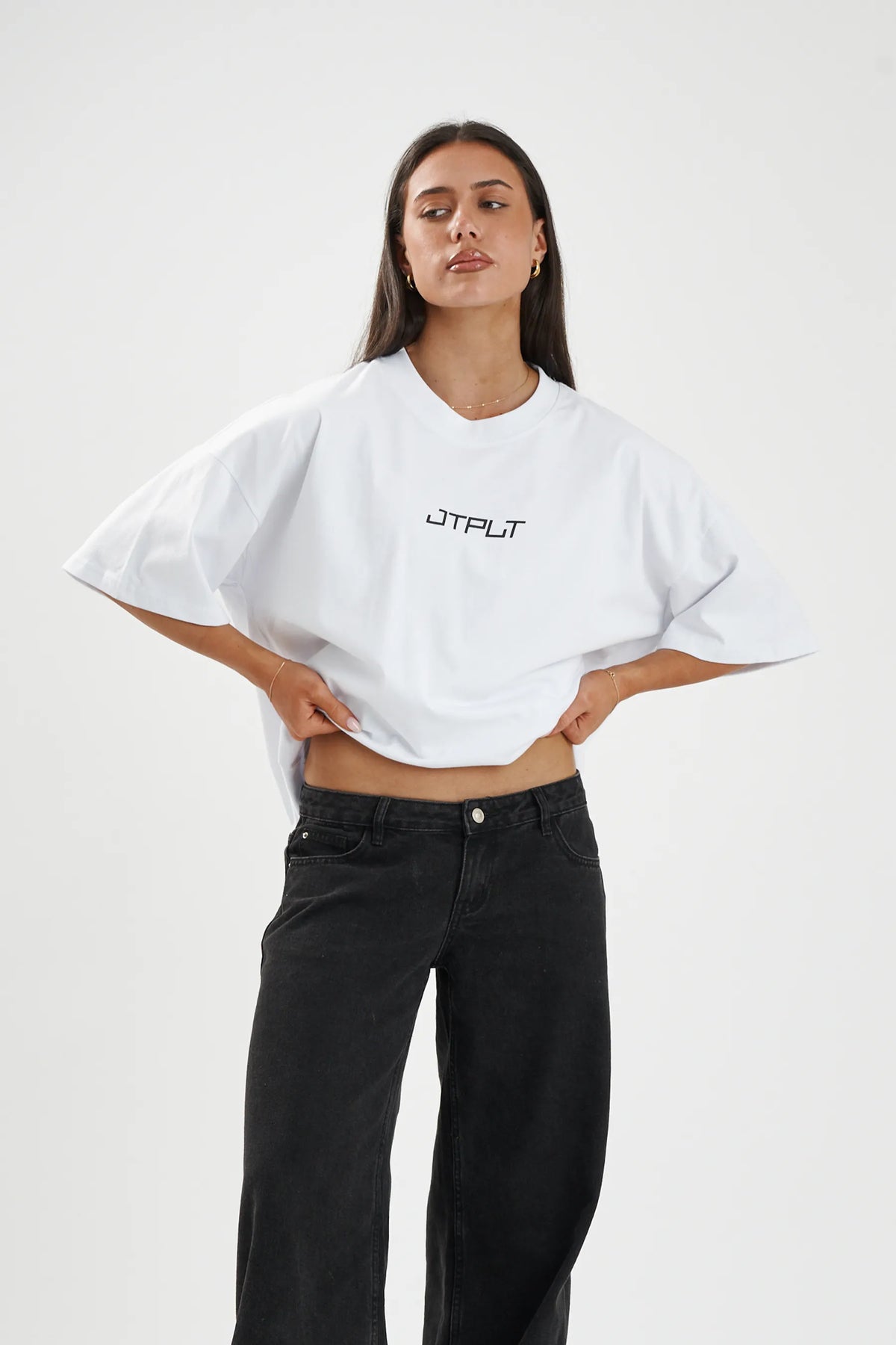 Jetpilot Vault Core mens oversized graphic tee in White — front view on a female model