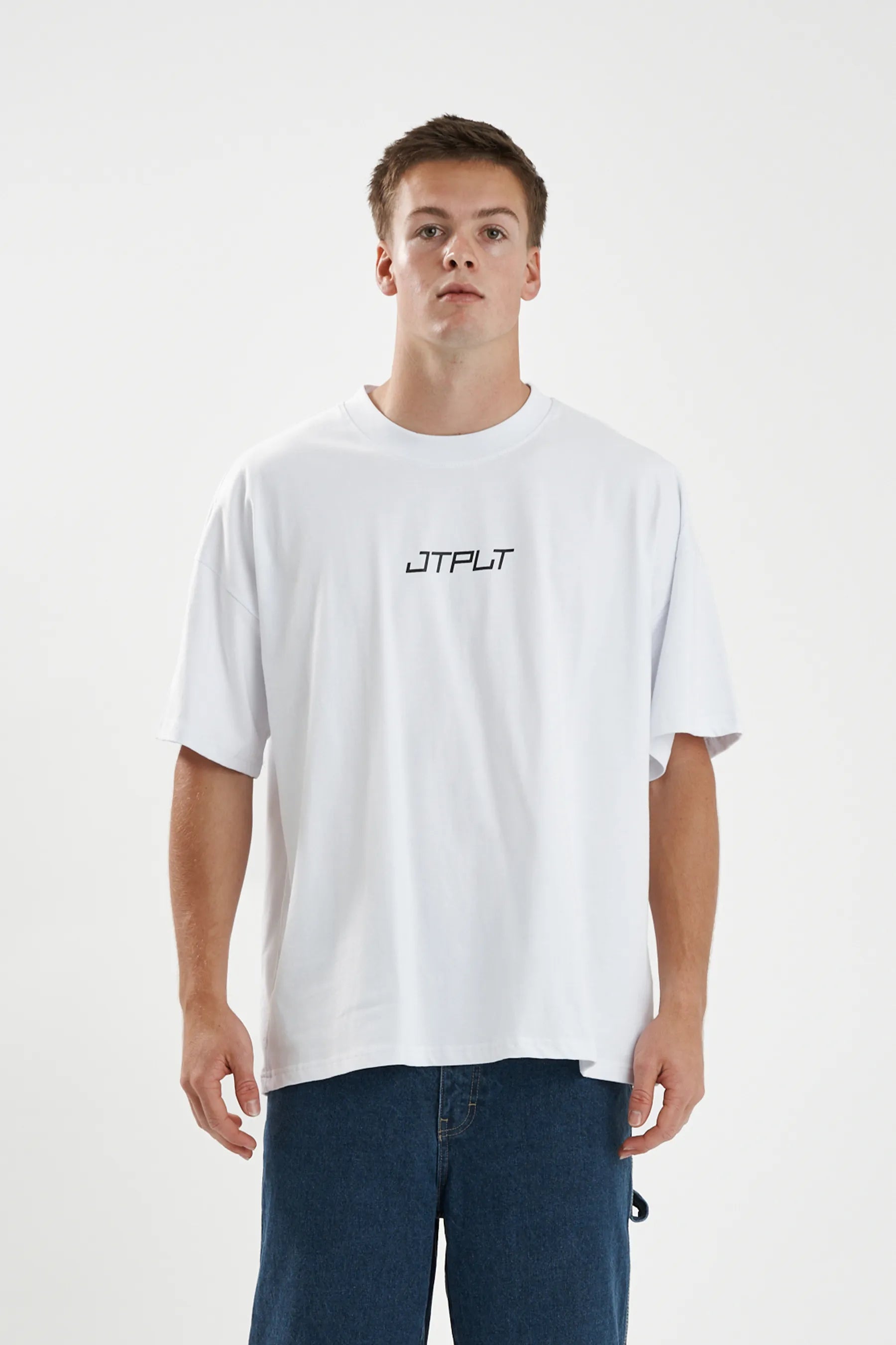 Jetpilot Vault Core mens oversized graphic tee in White — front view on a male model