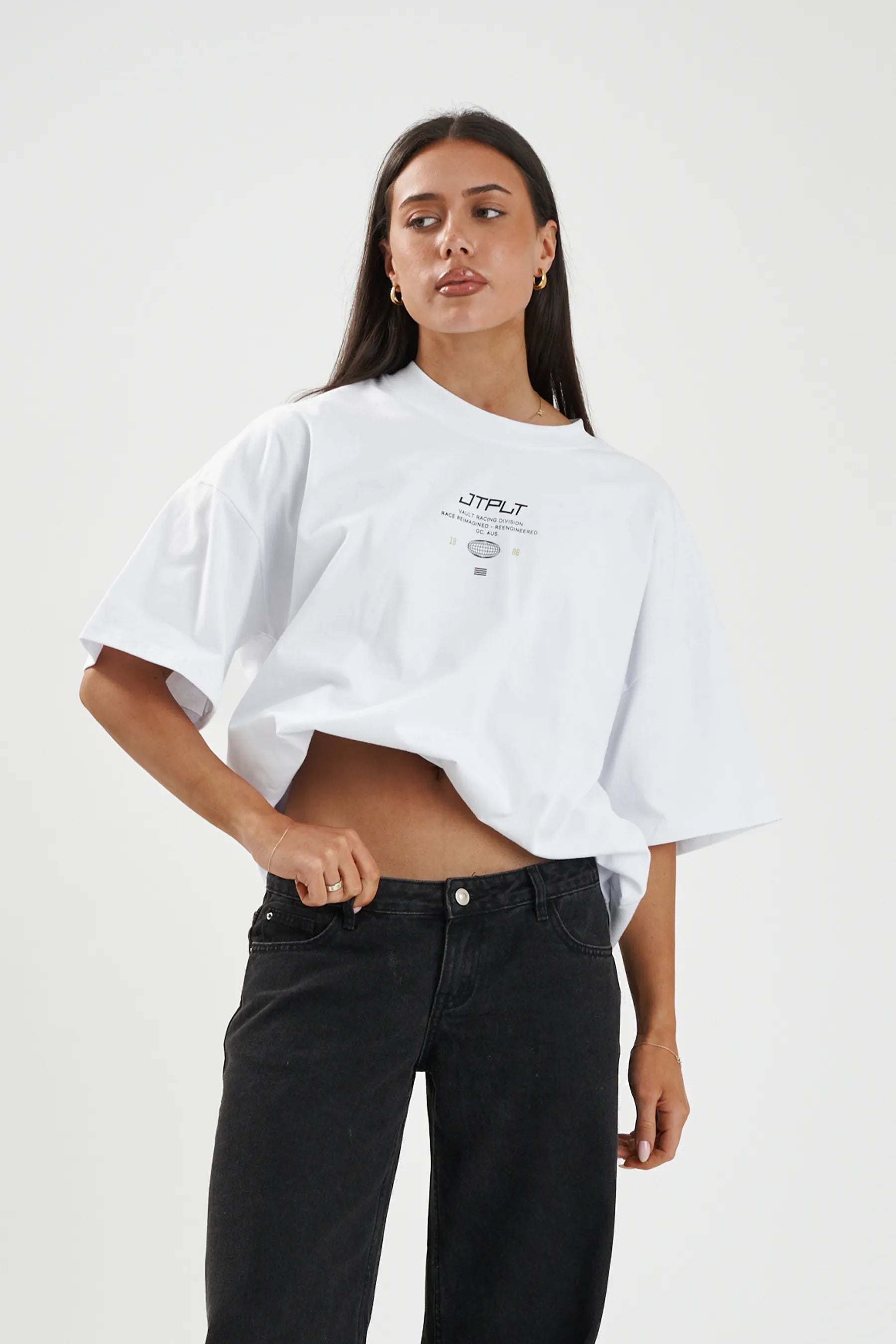 Jetpilot Vault Tech mens oversized graphic tee in White — front view on a female model