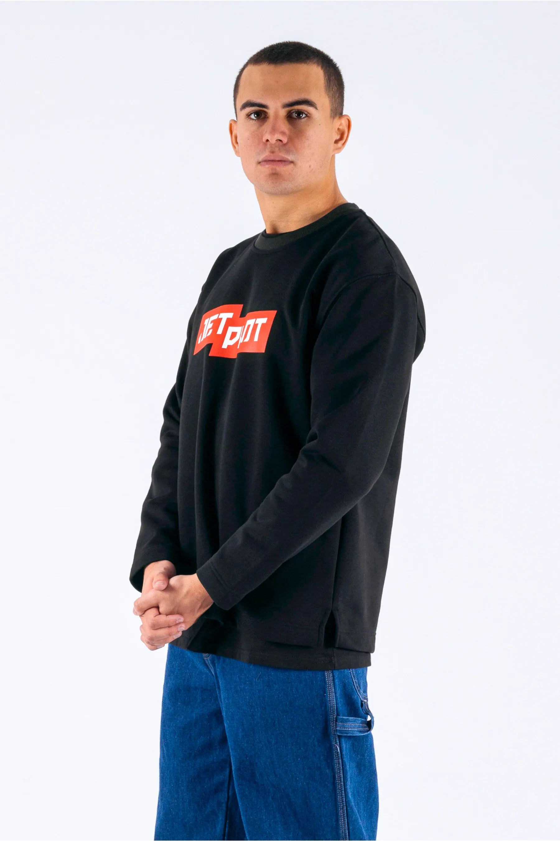 Side view of the black crew with red Jetpilot logo on a white background. — view 4 (3)