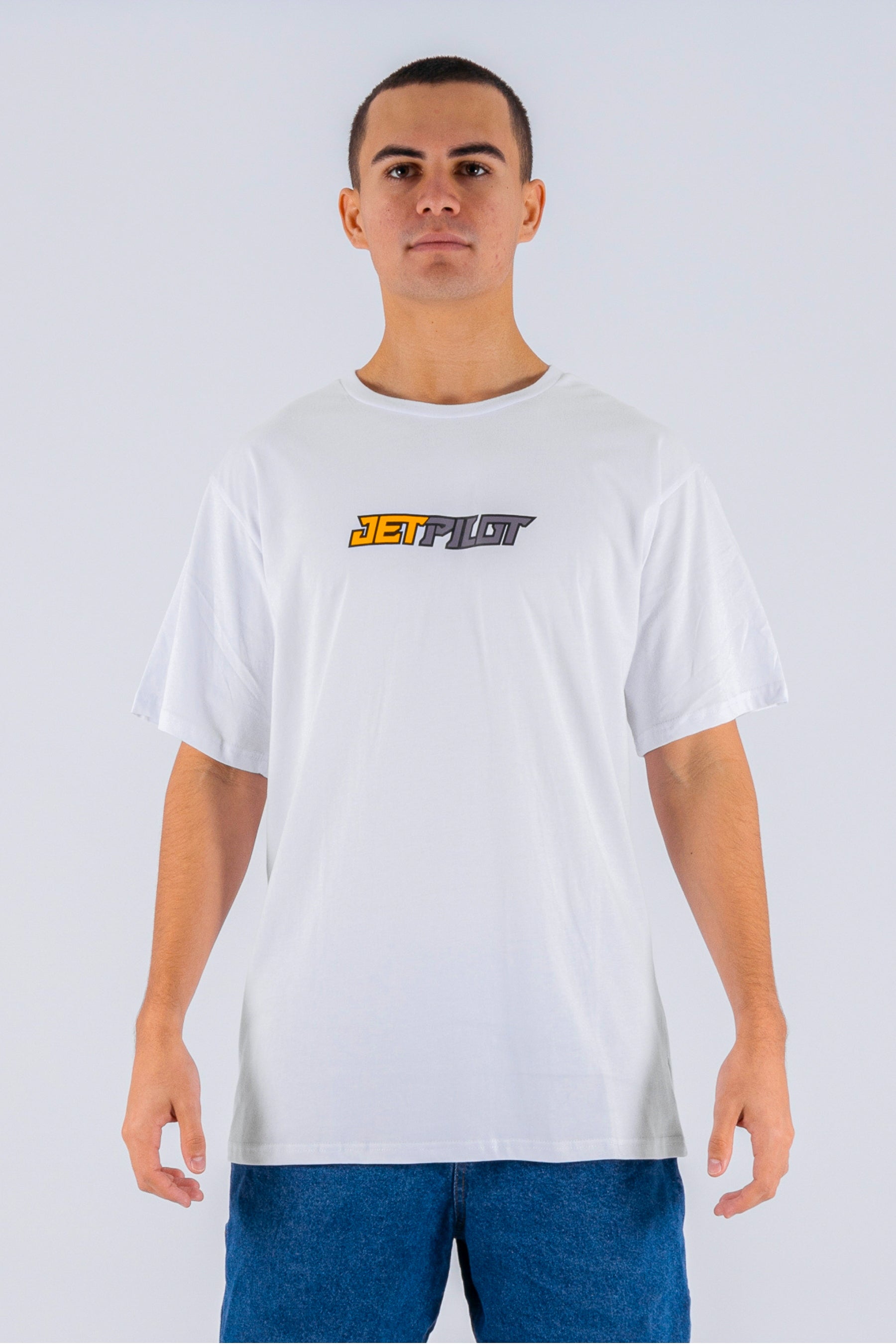 Front view of a person wearing a white tee with a Jetpilot logo on a white background — view 1 (9)
