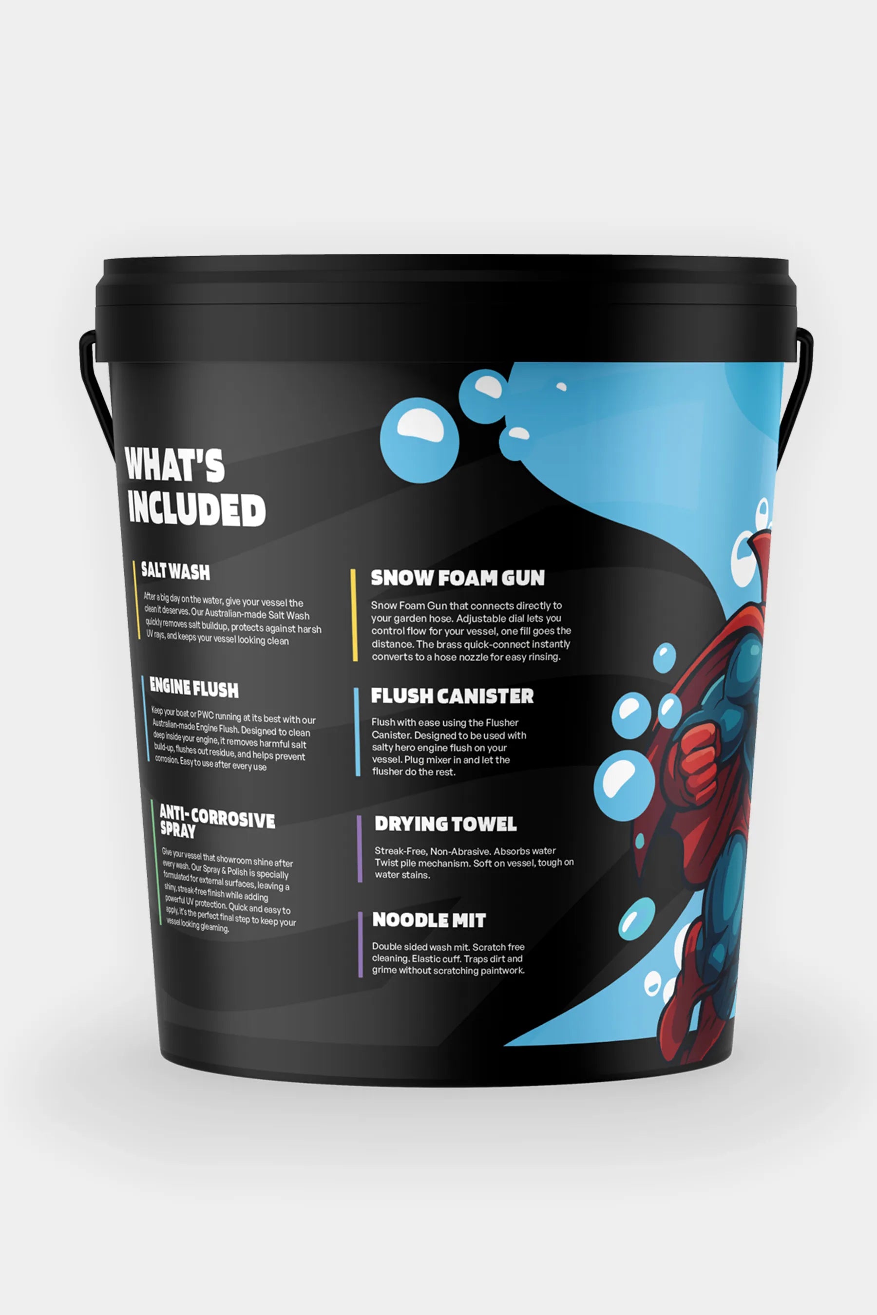 Salty Hero Black Wash Bucket "What's Included" text information on a white background