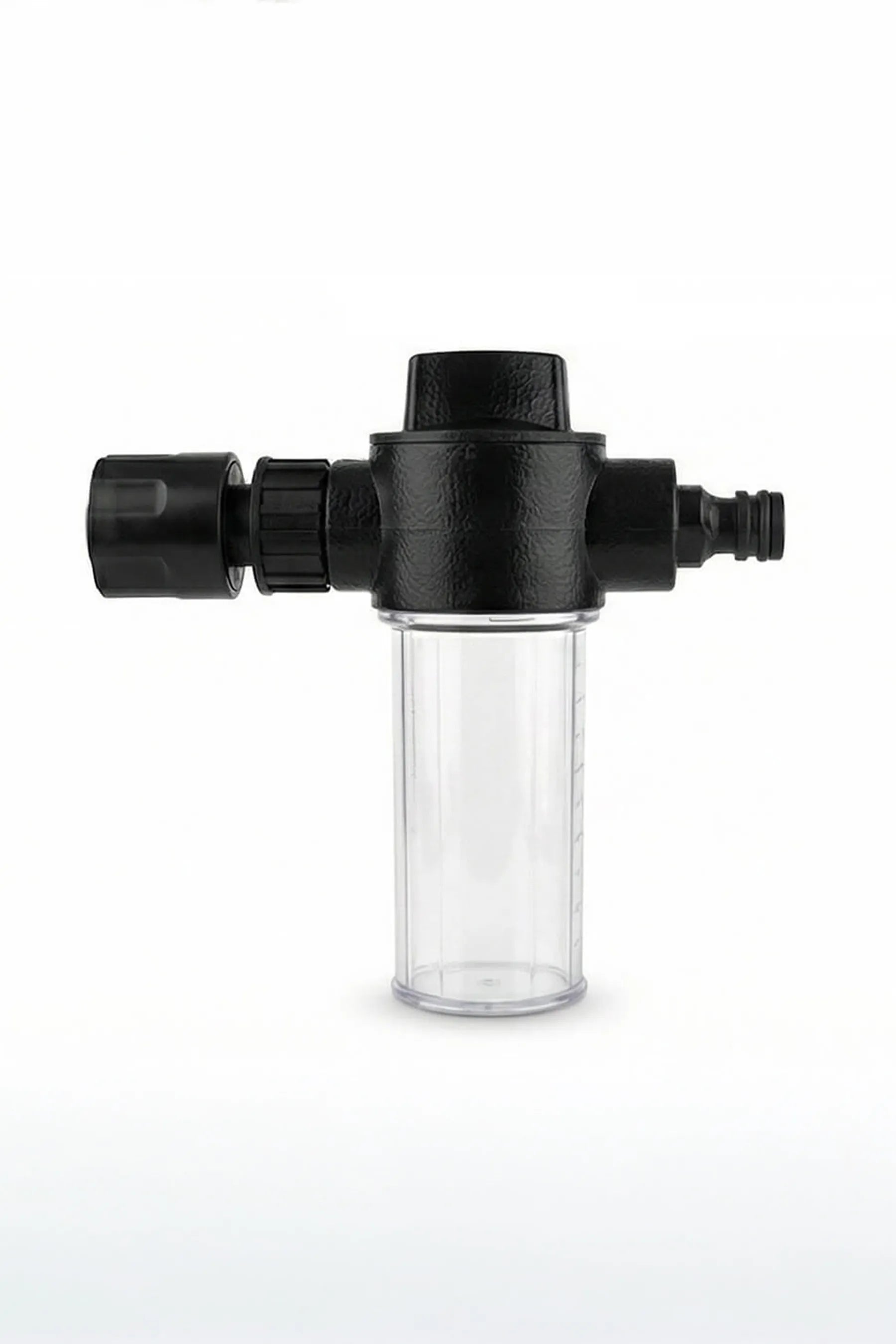 Clear cylindrical Salty Hero Engine Flush canister with black valve on a white background