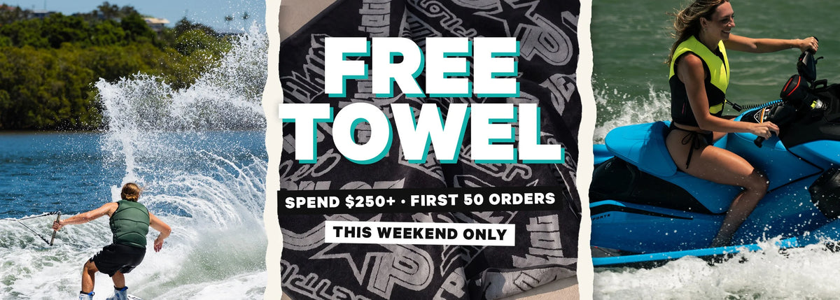 Free Jetpilot Logo Heritage Towel when you spend $250 or more, first 50 orders, this weekend only
