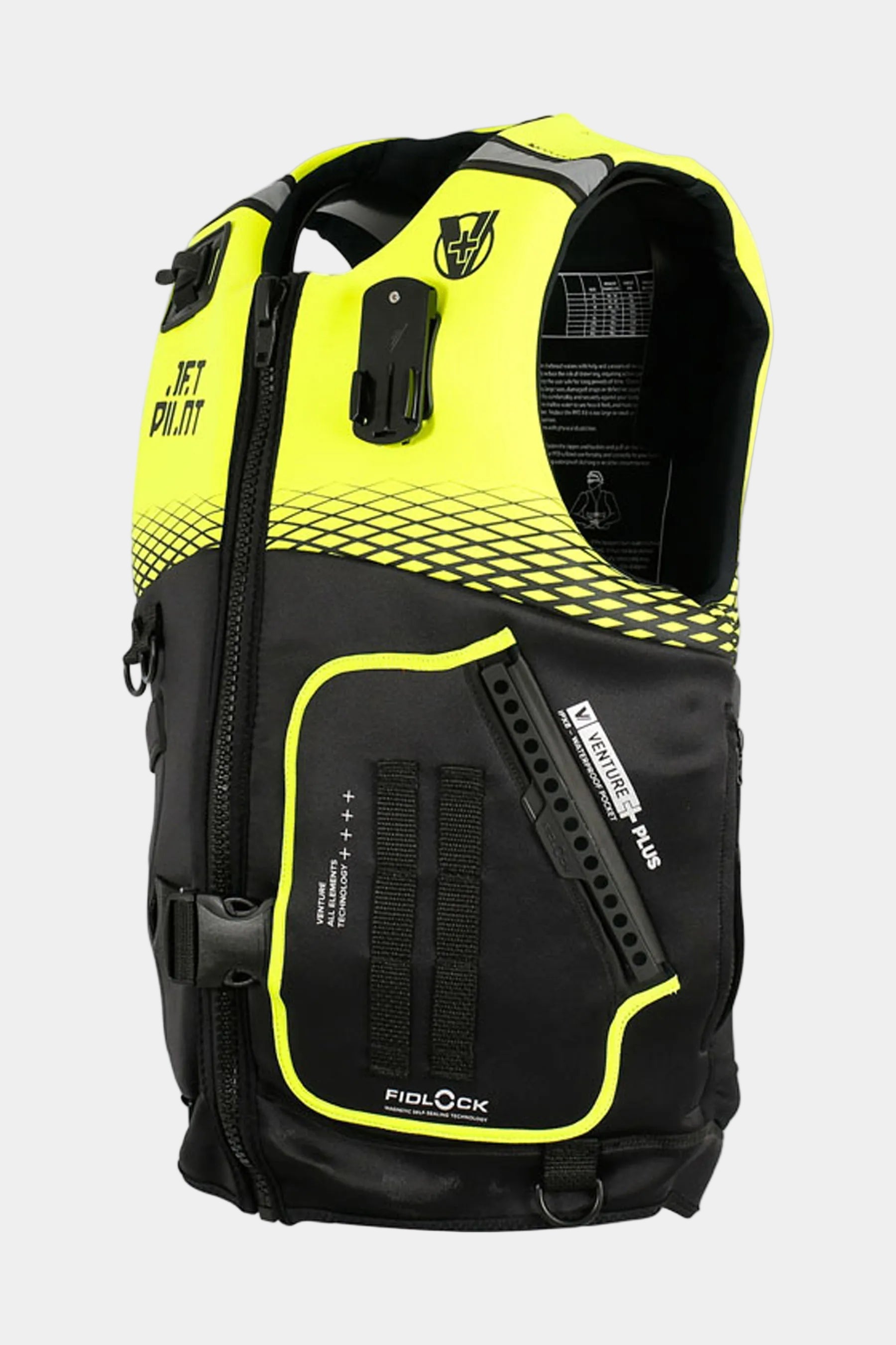 Black and yellow life jacket with visible branding on a white background