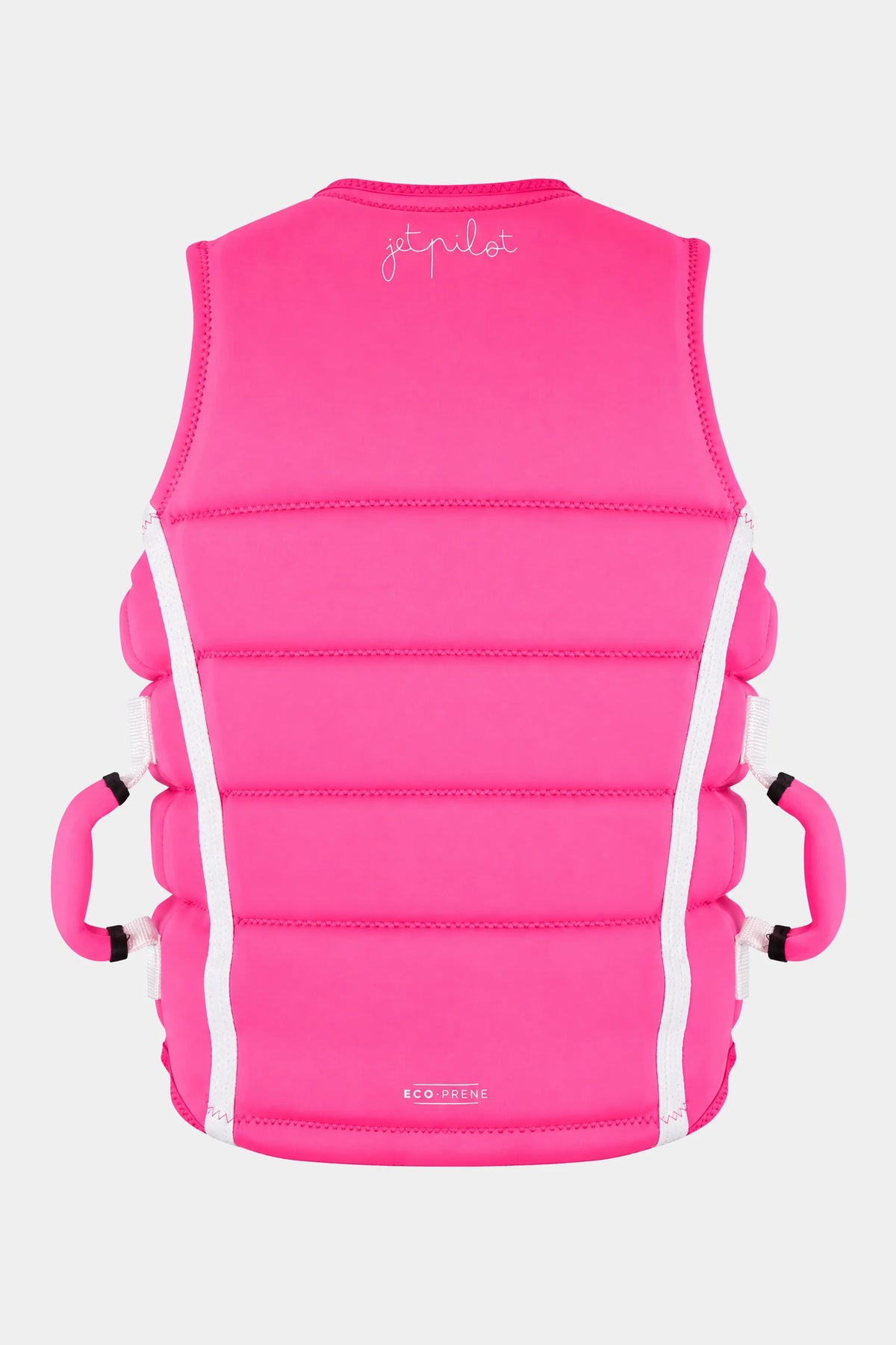 Back of the Pink Eden life jacket with white trim, script logo, EcoPrene label and side handles