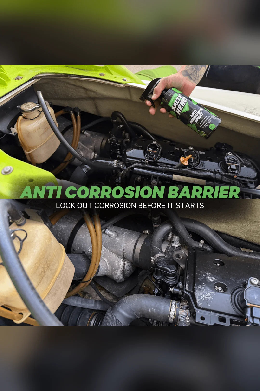 Salty Hero Anti-Corrosive Spray applied in a jet ski engine bay, anti corrosion barrier