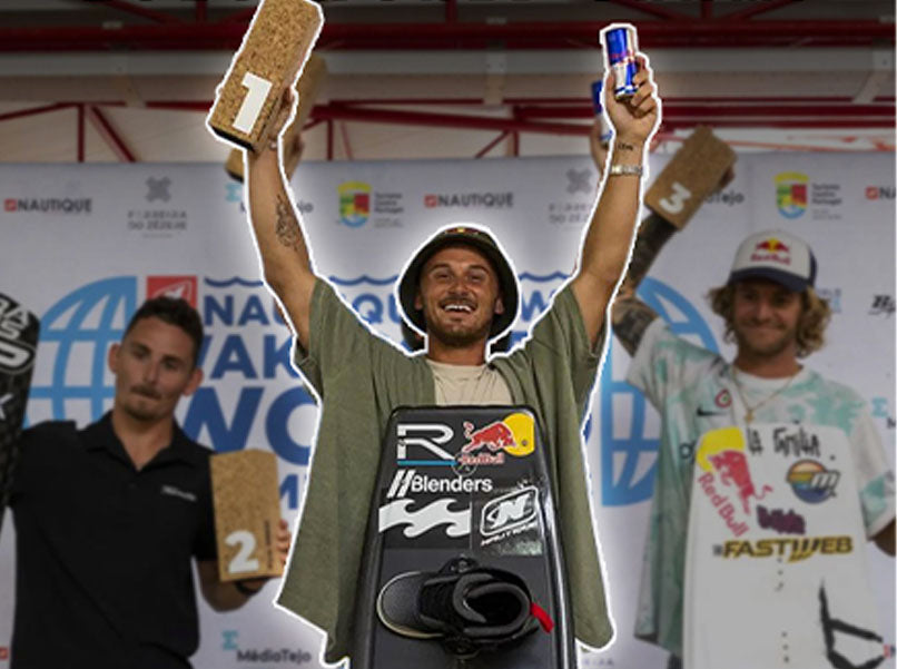 Cory Teunissen celebrating first place on the podium after winning the 2023 WWA Wakeboard World Championship