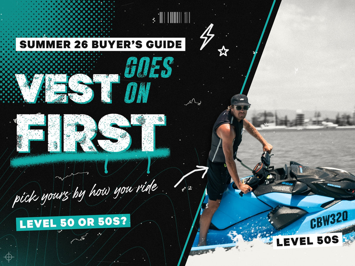A jet ski rider in a black Jetpilot 40 Year Nighthawk vest, Level 50S, standing on a blue ski and breaking out of a black-and-white photo panel, beside the words Vest goes on first, pick yours by how you ride.