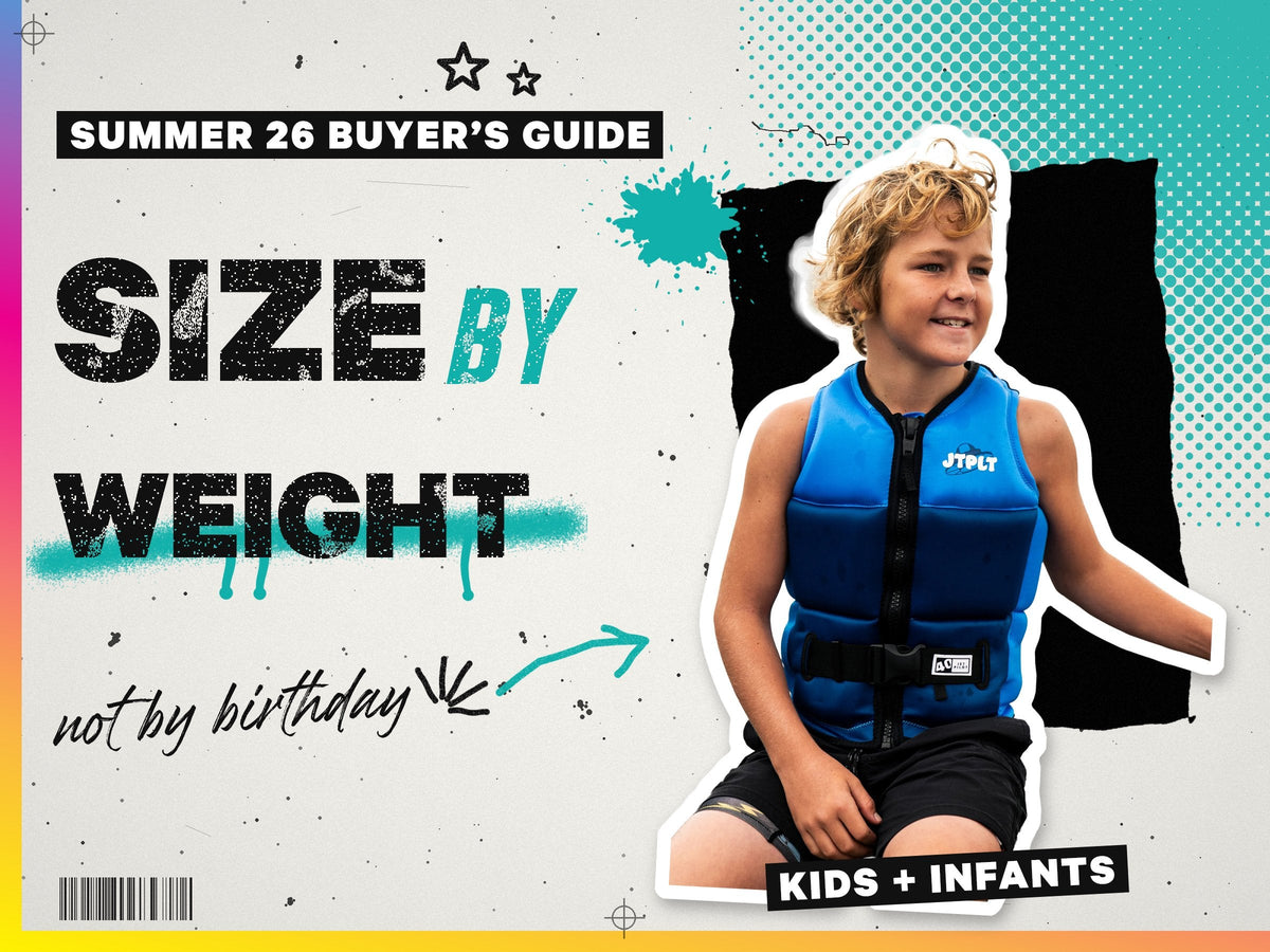 A smiling boy in a blue Jetpilot Freeride youth life jacket, zipped and buckled, beside the words Size by weight, not by birthday.