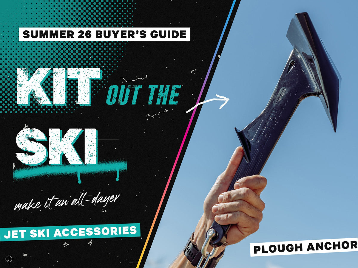 A hand holding a black Jetpilot Plough Anchor up against a blue sky, inside a slanted photo panel, beside the words kit out the ski, make it an all-dayer.
