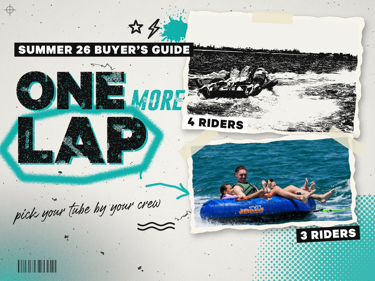 A torn-poster collage of two Jetpilot ski tubes under tow, four riders on a black-and-white print and three on a colour print, beside the words One more lap, pick your tube by your crew.