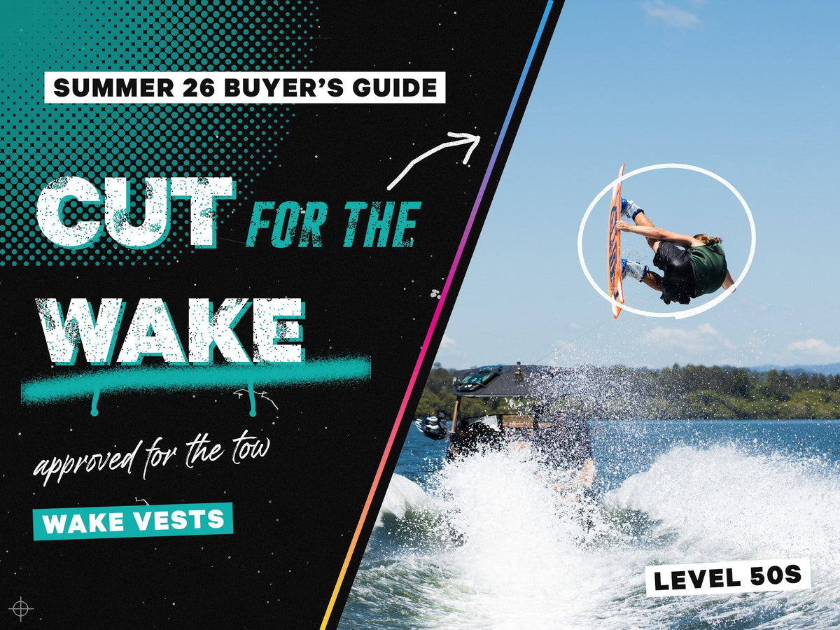 A wakeboarder inverting above a boat's wake in a sage Jetpilot Freeride vest, inside a slanted photo panel, beside the words cut for the wake, approved for the tow.