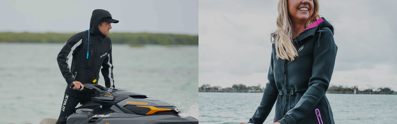 A male and female jet ski driver wearing a neoprene all weather jacket