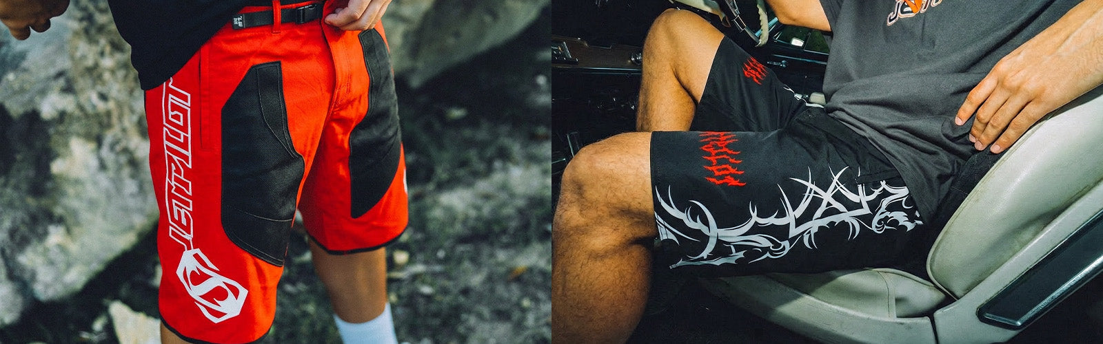 A group of people wearing Jetpilot boardshorts. One boardshort is red and black with a big white Jetpilot logo. The other short is black and has white tribal flairs on the side panel.