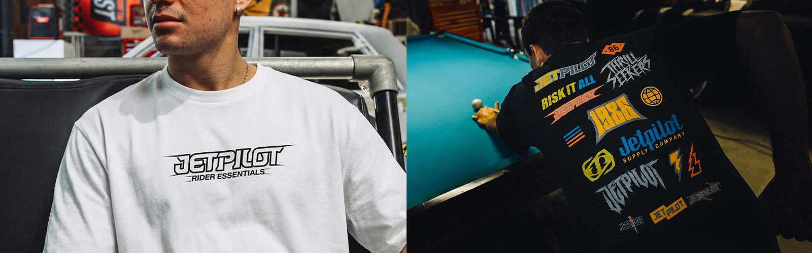 people wearing Jetpilot T-shirts in a garage/workshop/pub setting